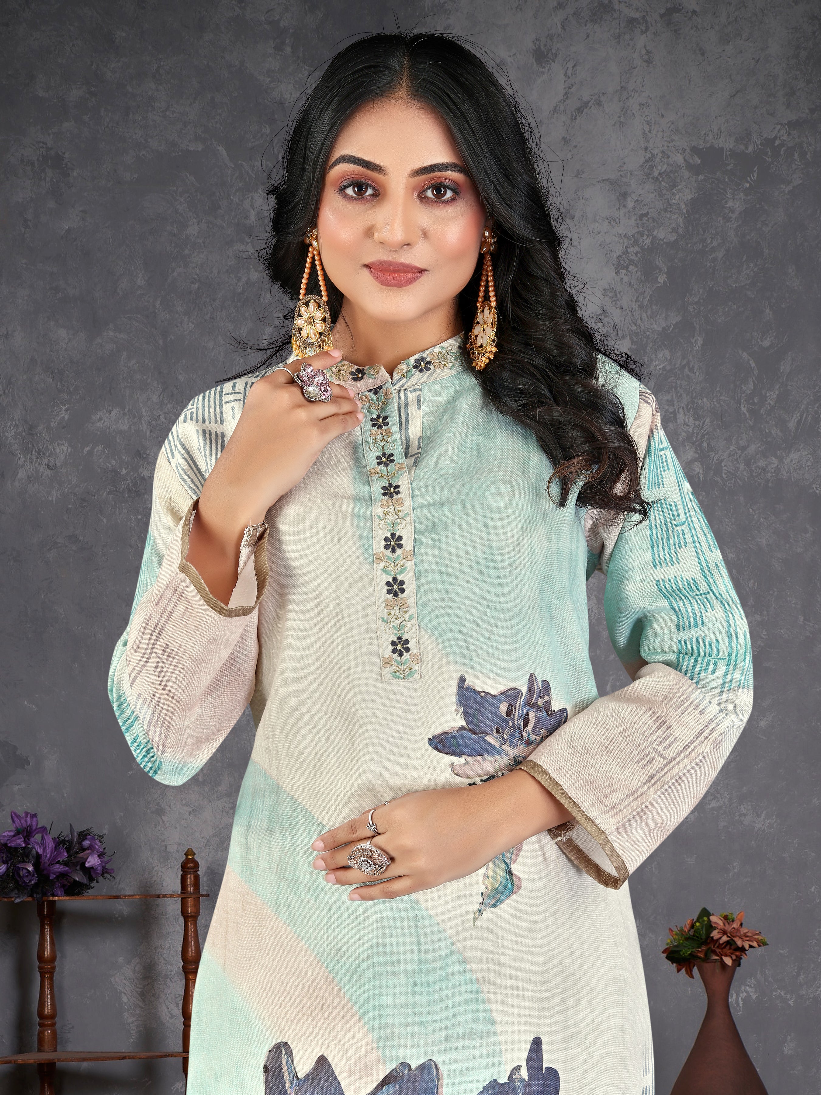 Blue Pure Linen  3 Pcs Suit