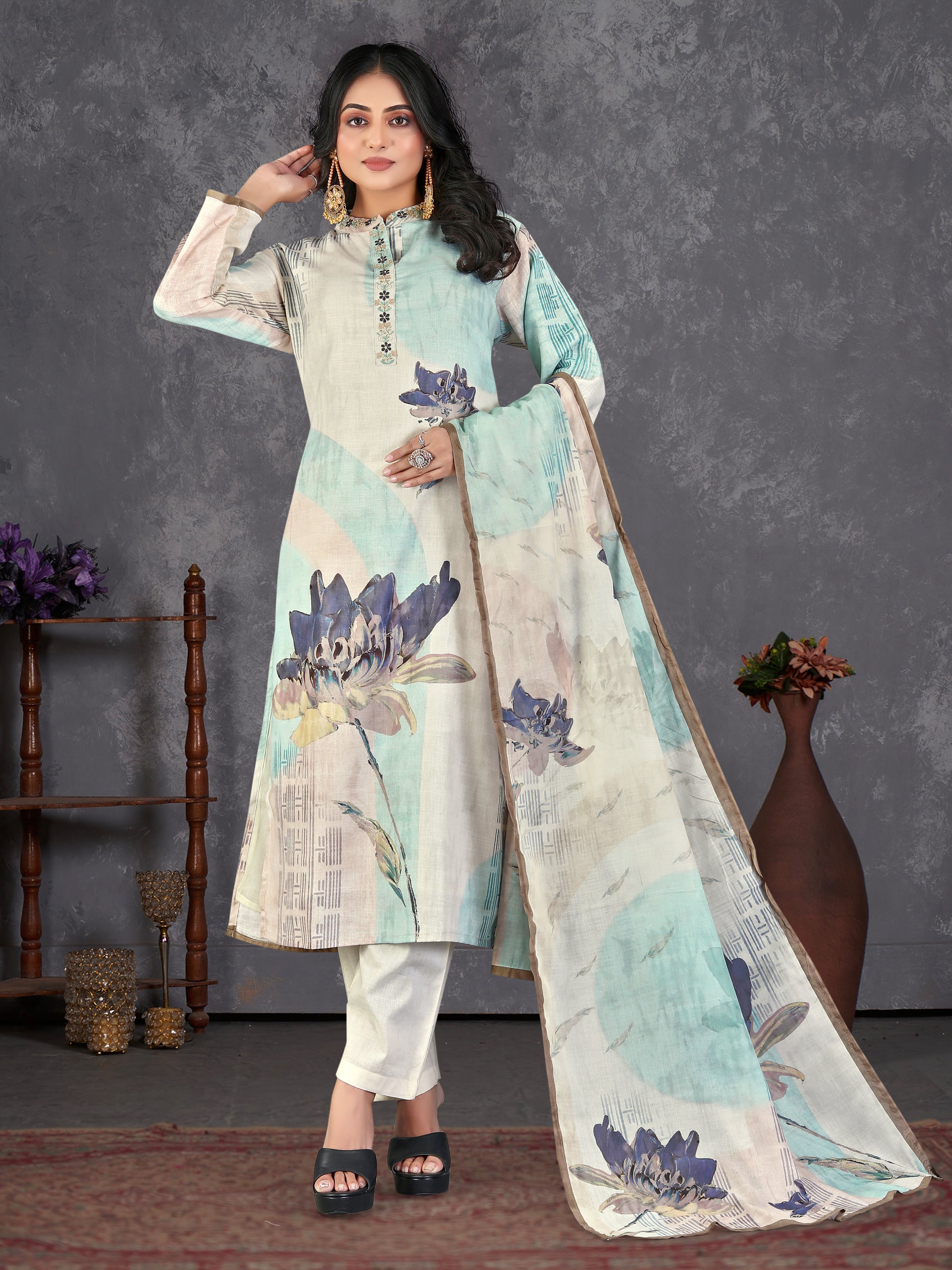 Blue Pure Linen  3 Pcs Suit