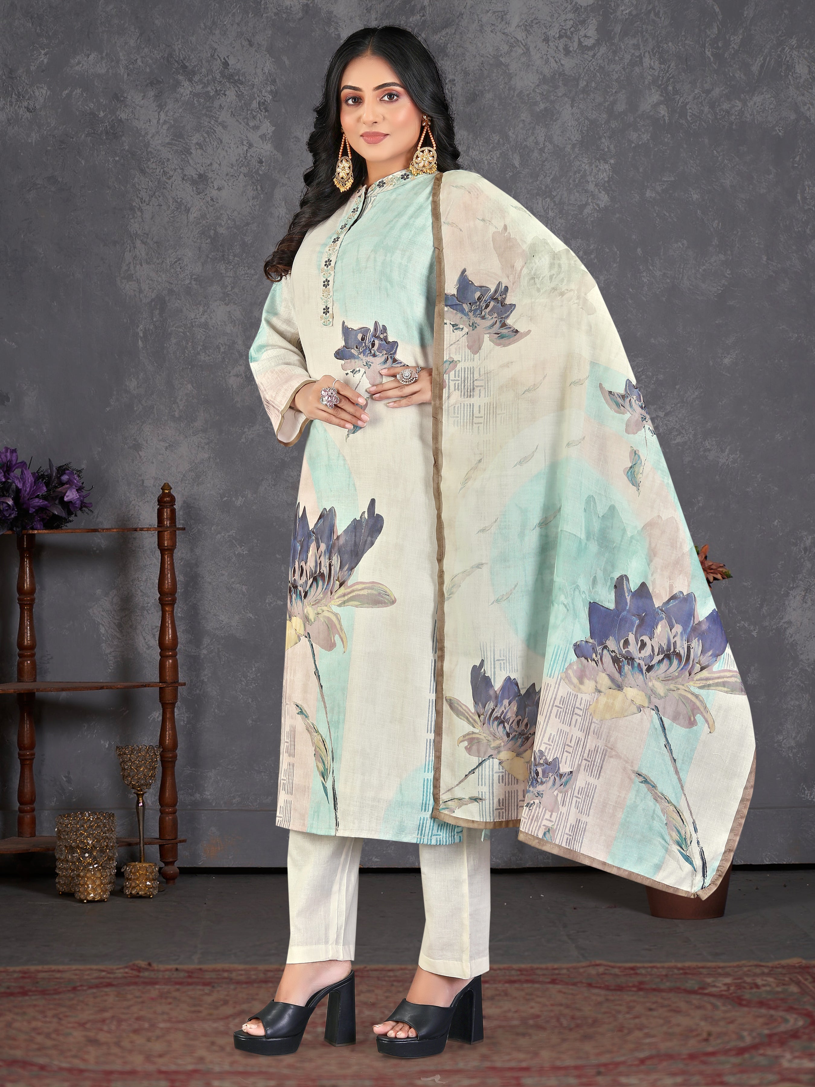 Blue Pure Linen  3 Pcs Suit