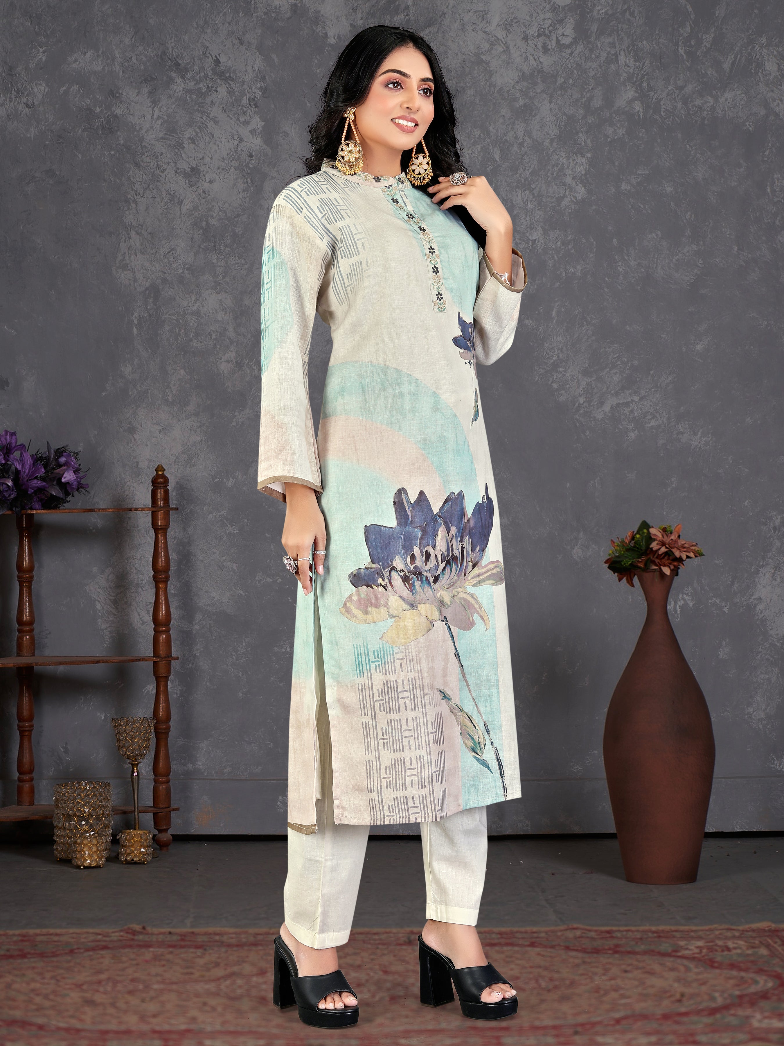 Blue Pure Linen  3 Pcs Suit