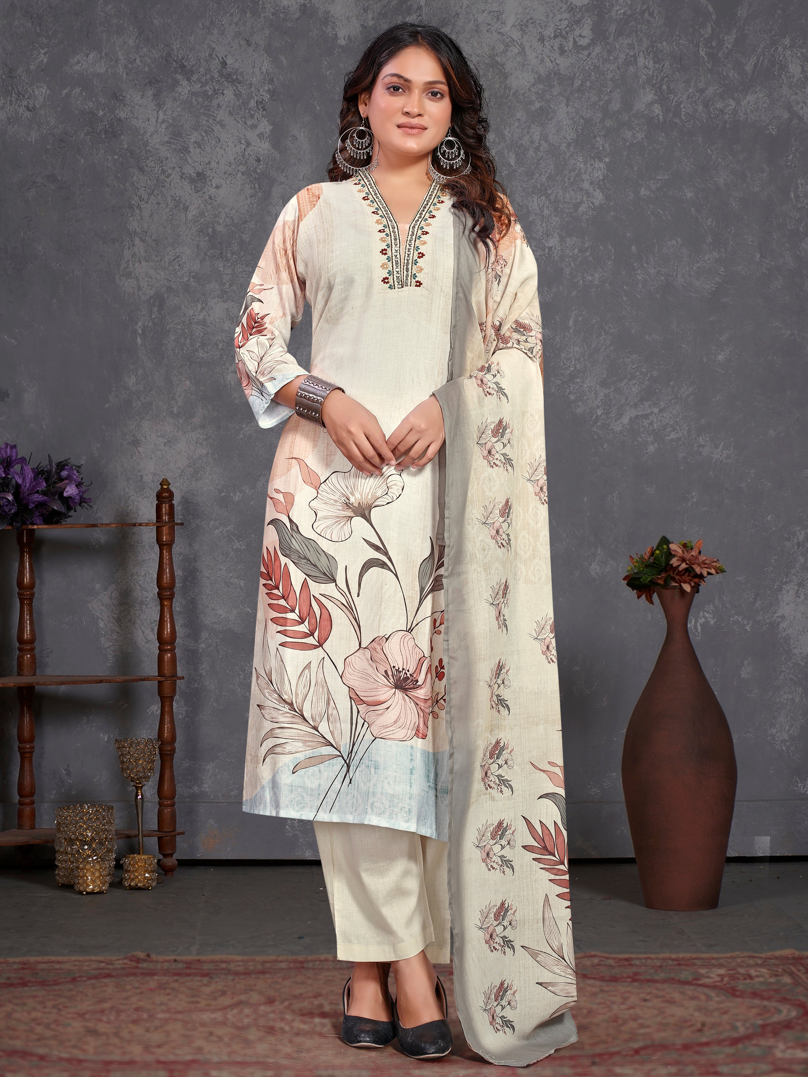 Cream Pure Linen  Three Pcs Suit With Pure Mal Dupatta