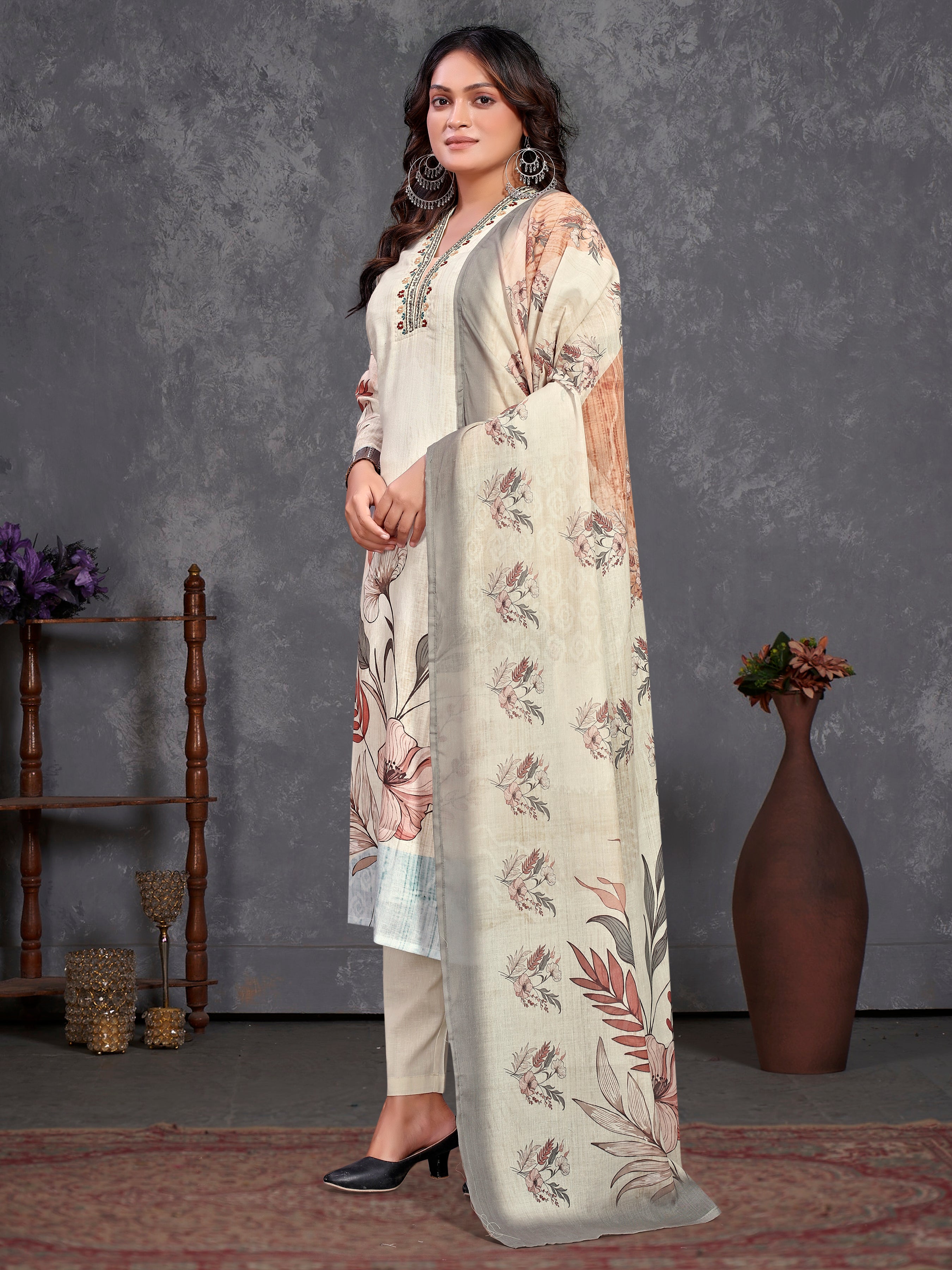 Cream Pure Linen  Three Pcs Suit With Pure Mal Dupatta