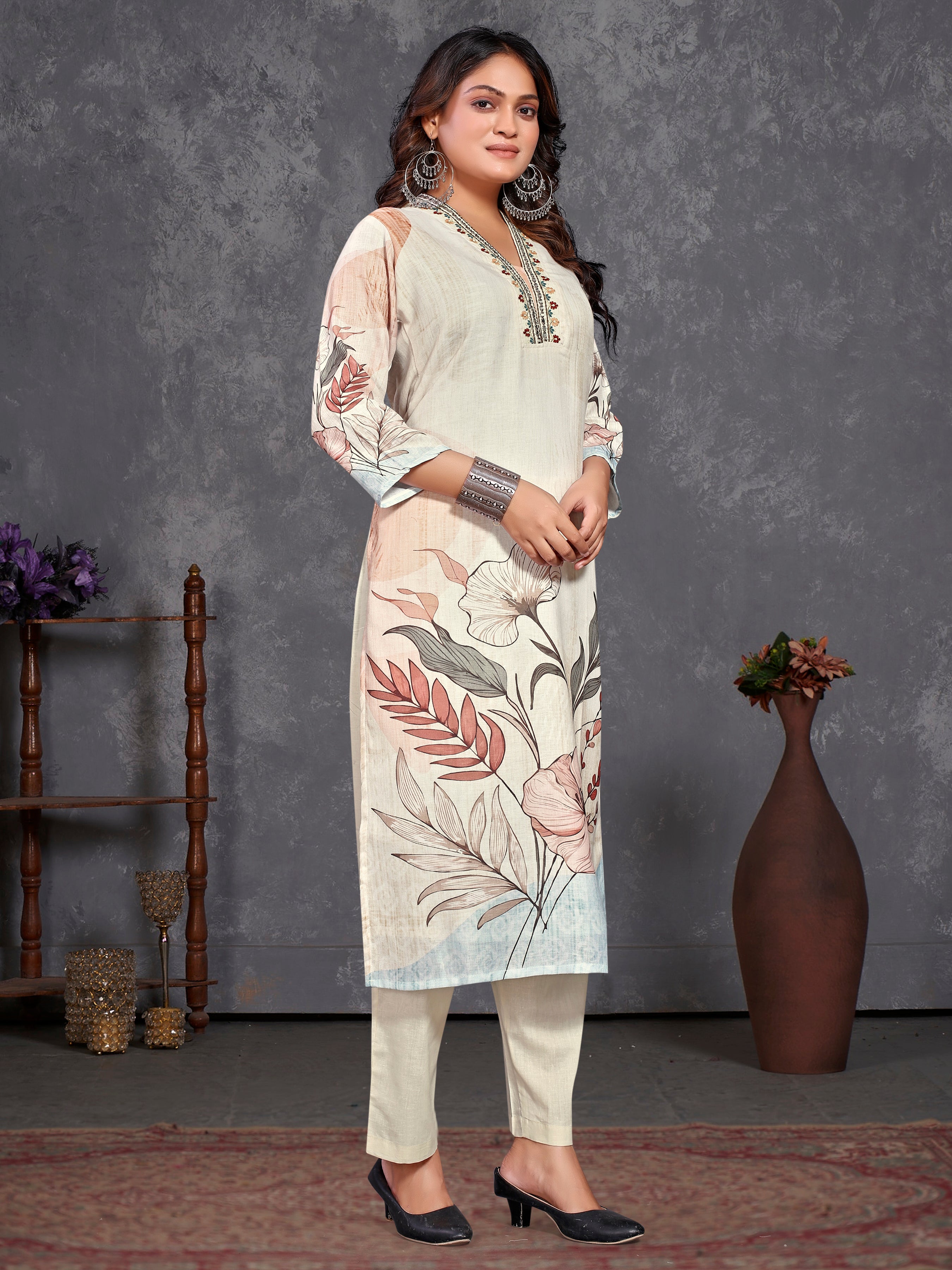 Cream Pure Linen  Three Pcs Suit With Pure Mal Dupatta
