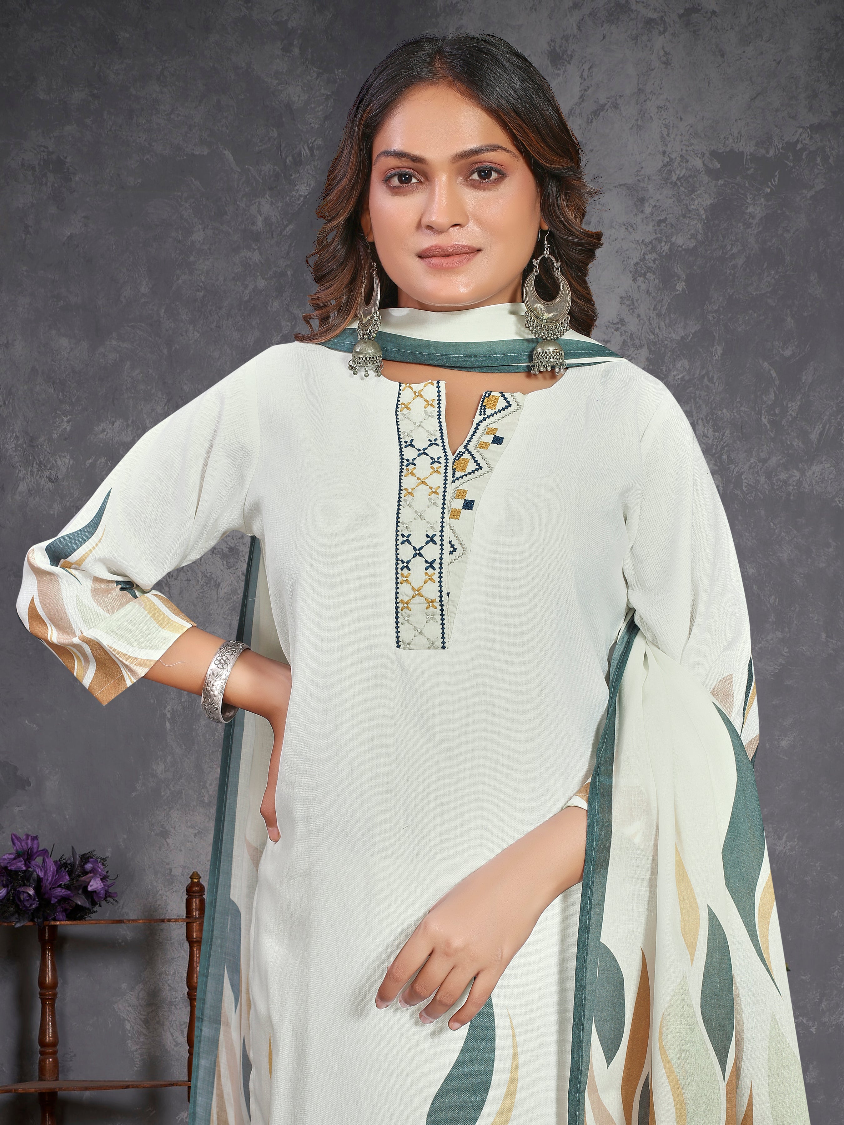 White Pure Linen  3 Pcs Suit