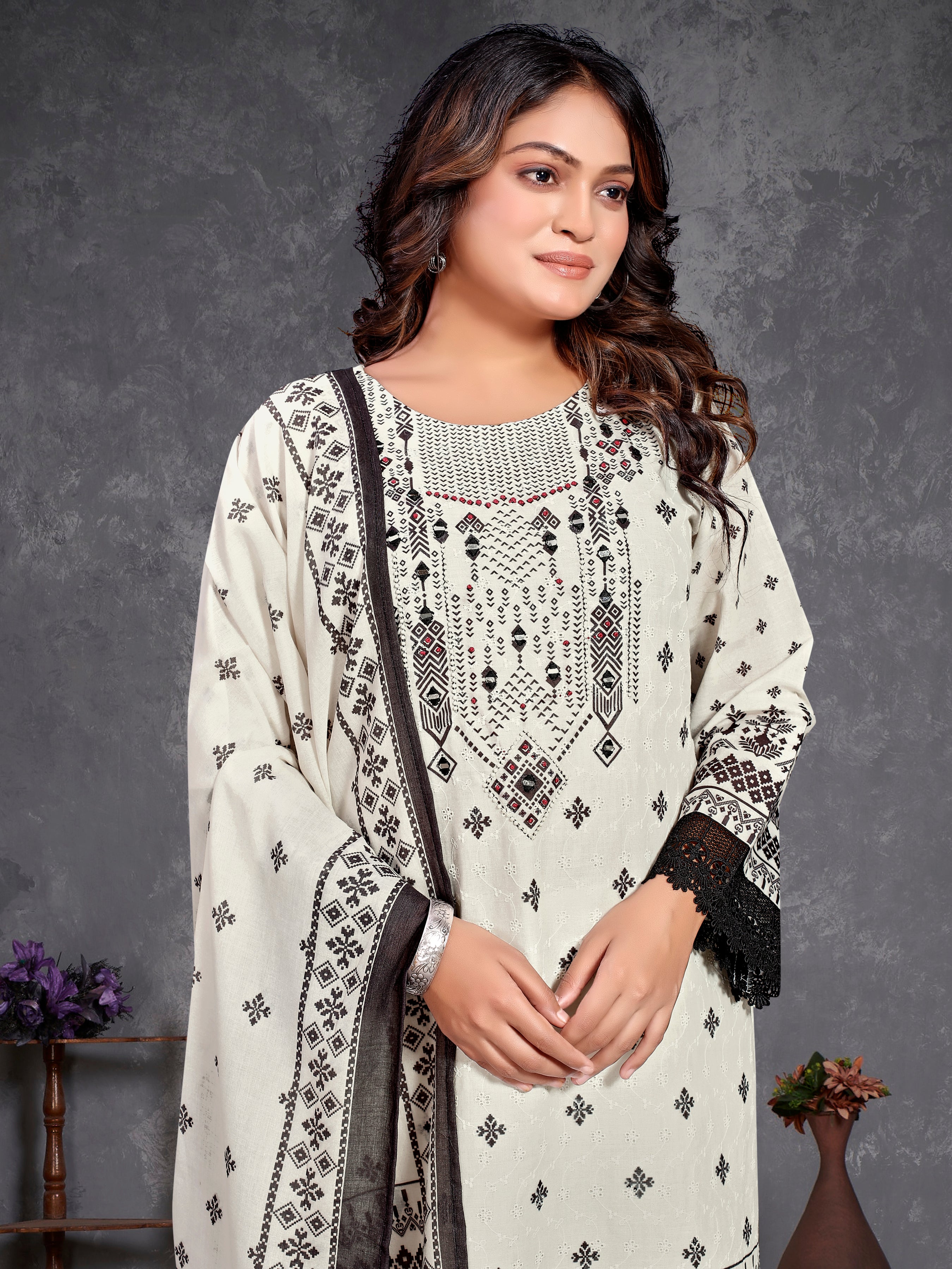 White Pure Siphli Cotton Three Pcs Suit (Semi Aline )With Pure Mal Dupatta