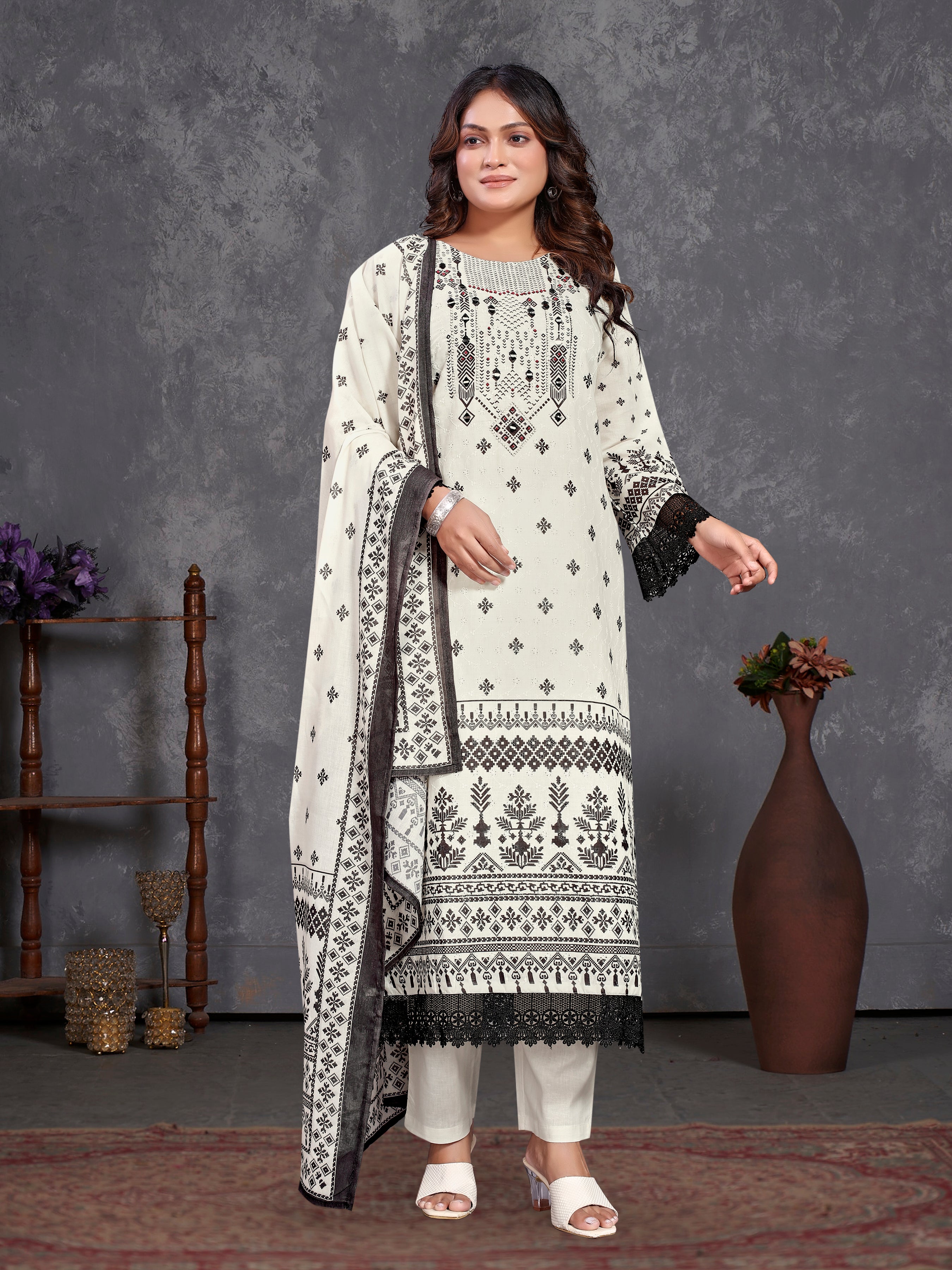 White Pure Siphli Cotton Three Pcs Suit (Semi Aline )With Pure Mal Dupatta