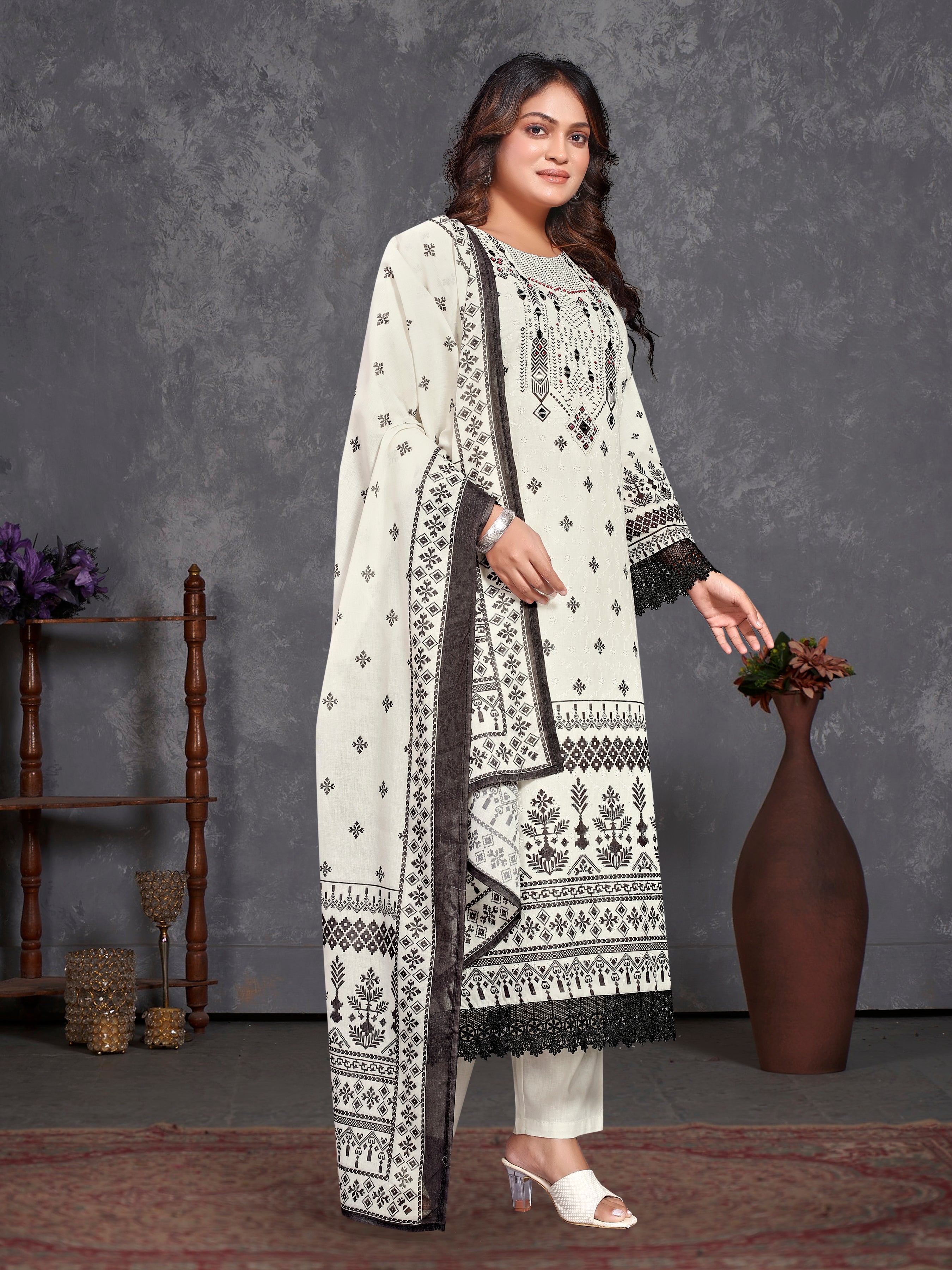 White Pure Siphli Cotton Three Pcs Suit (Semi Aline )With Pure Mal Dupatta