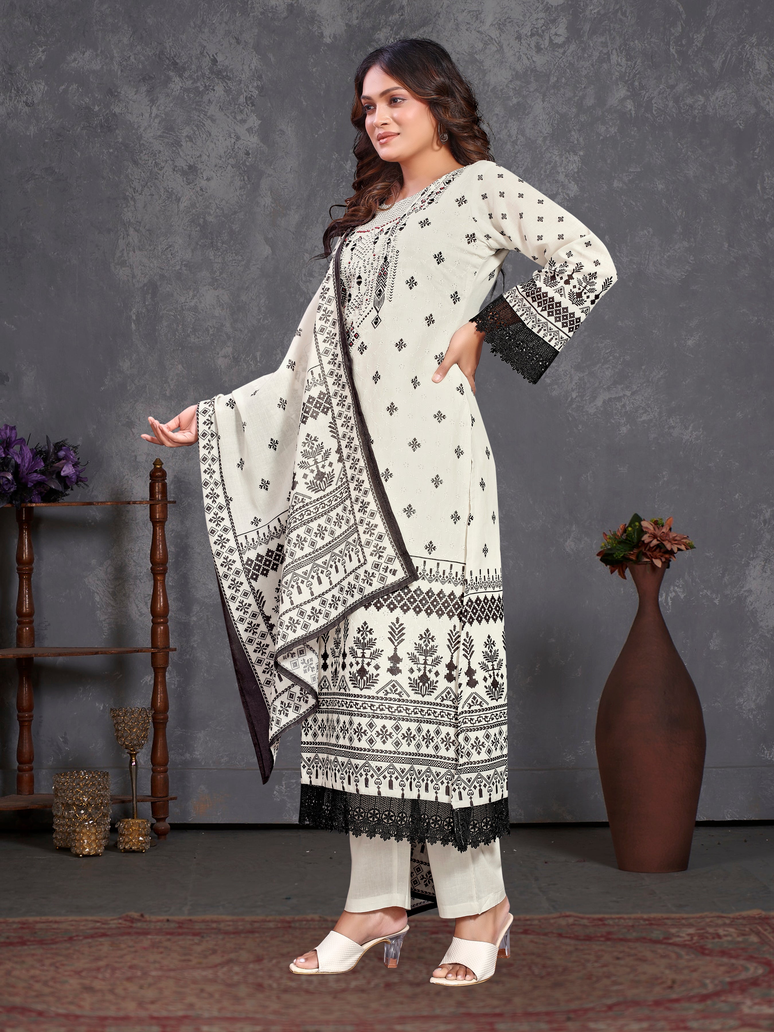 White Pure Siphli Cotton Three Pcs Suit (Semi Aline )With Pure Mal Dupatta