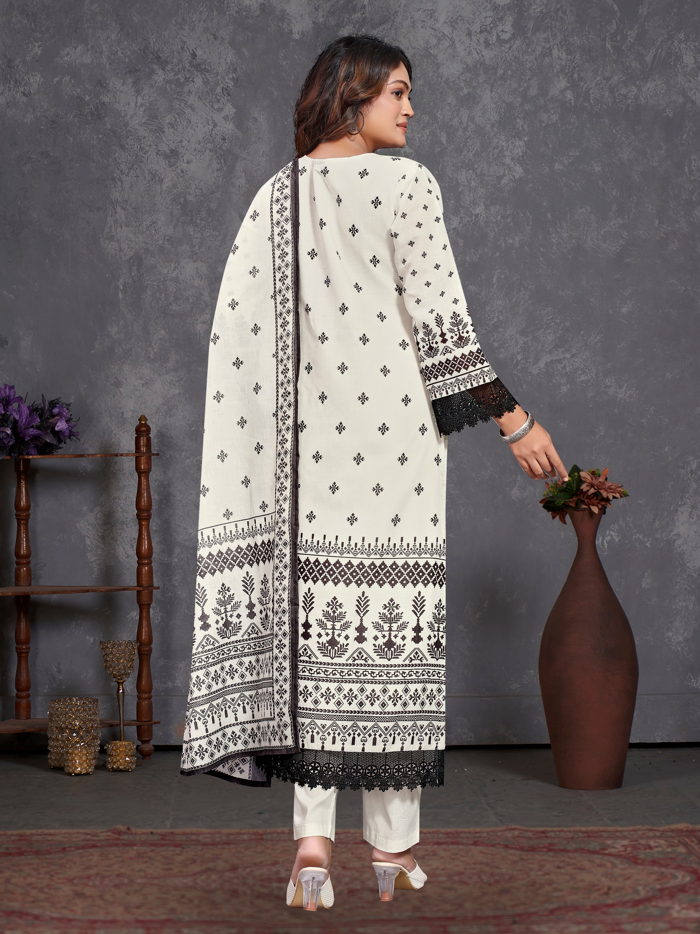 White Pure Siphli Cotton Three Pcs Suit (Semi Aline )With Pure Mal Dupatta