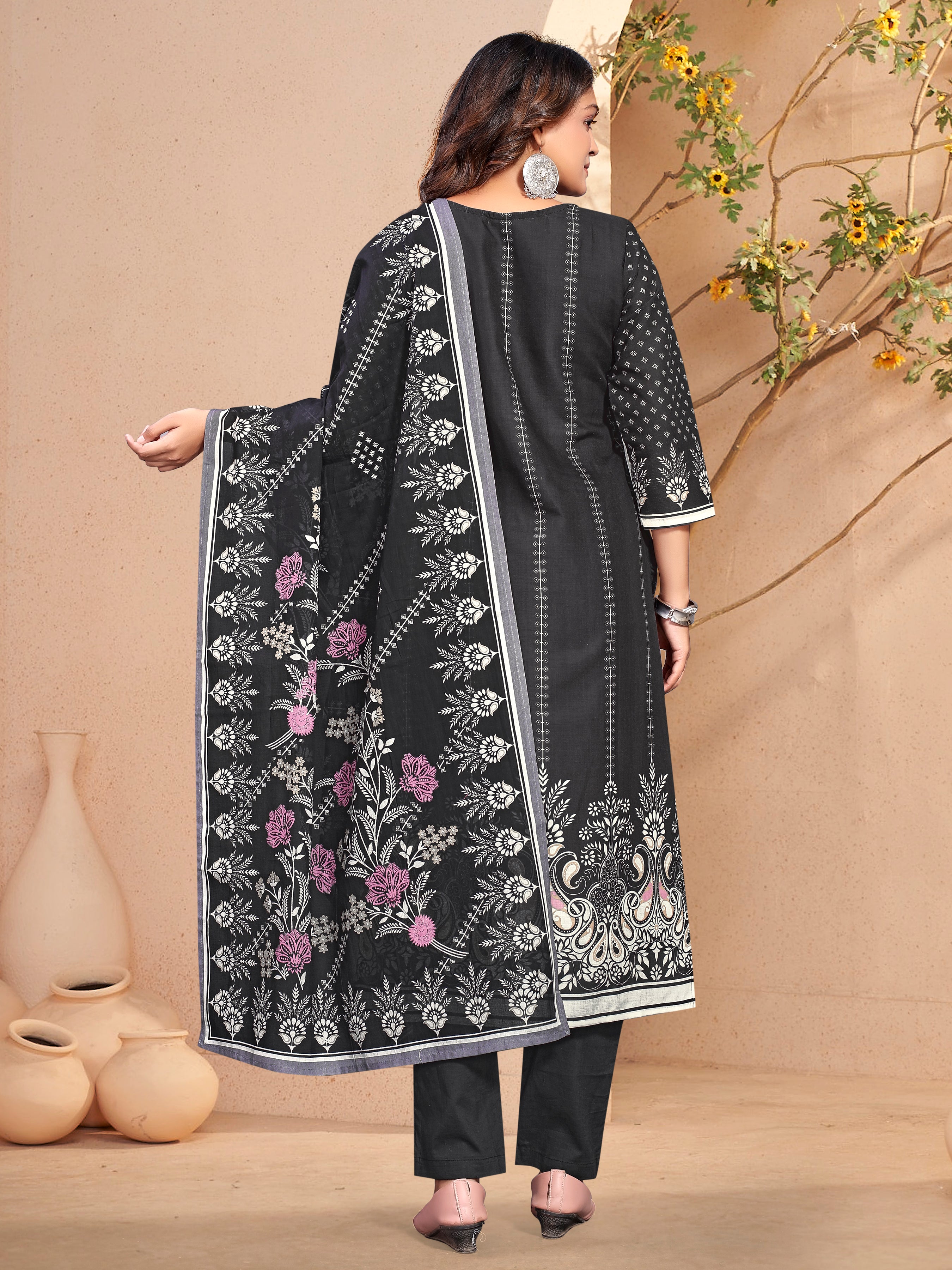 Black Pure Siphli Cotton Three Pcs Suit With Pure Mal Dupatta