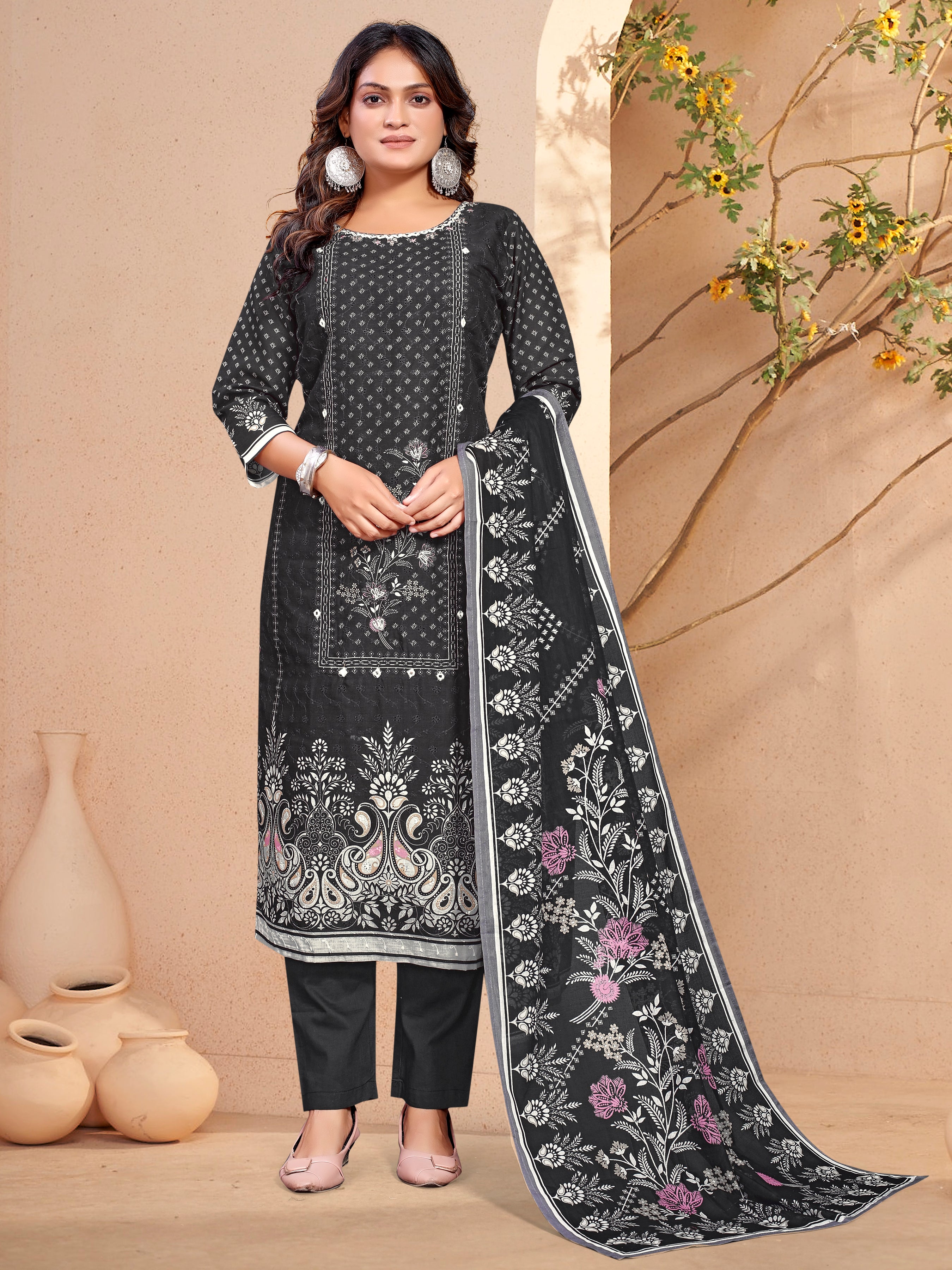 Black Pure Siphli Cotton Three Pcs Suit With Pure Mal Dupatta