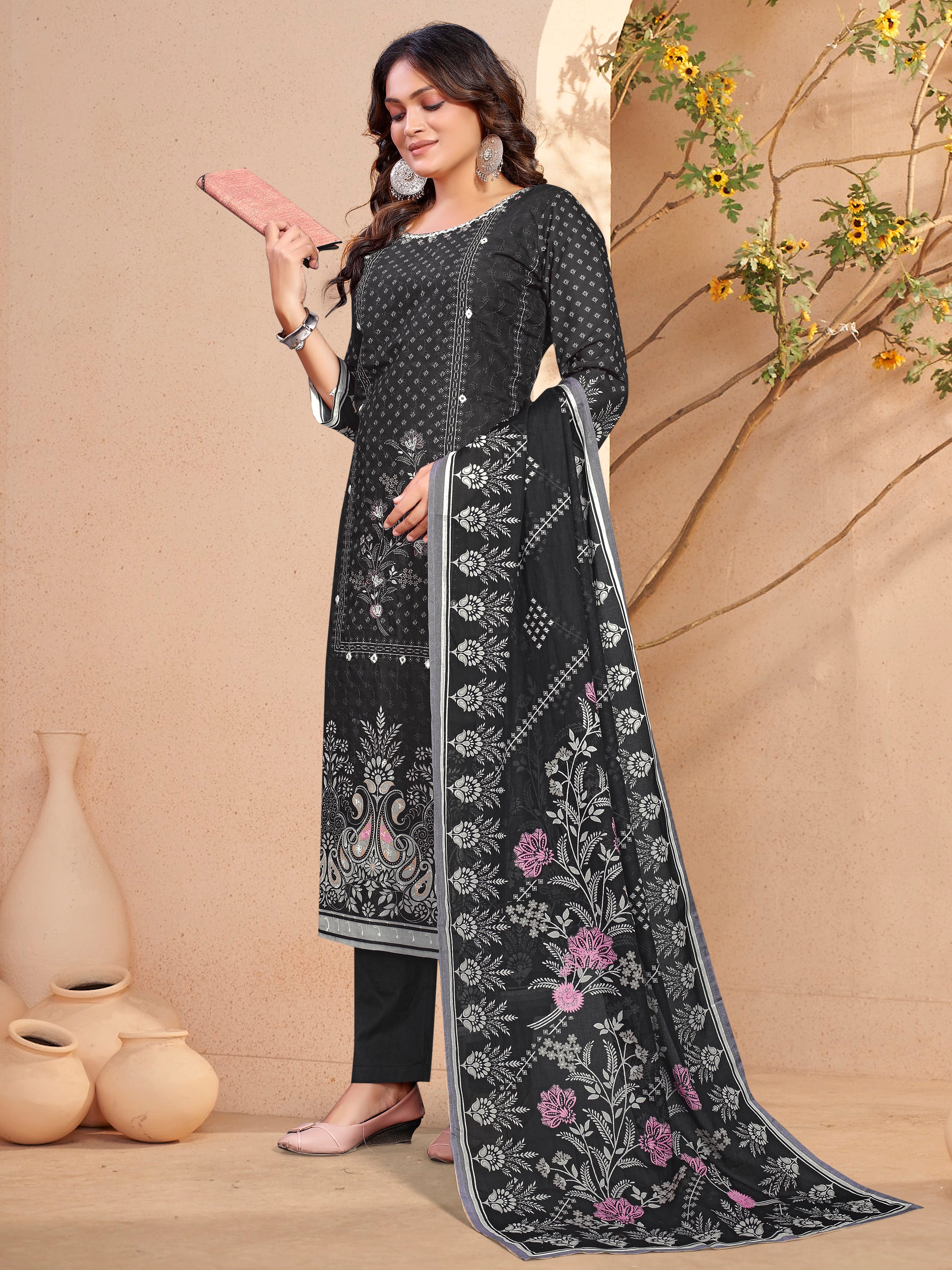 Black Pure Siphli Cotton Three Pcs Suit With Pure Mal Dupatta