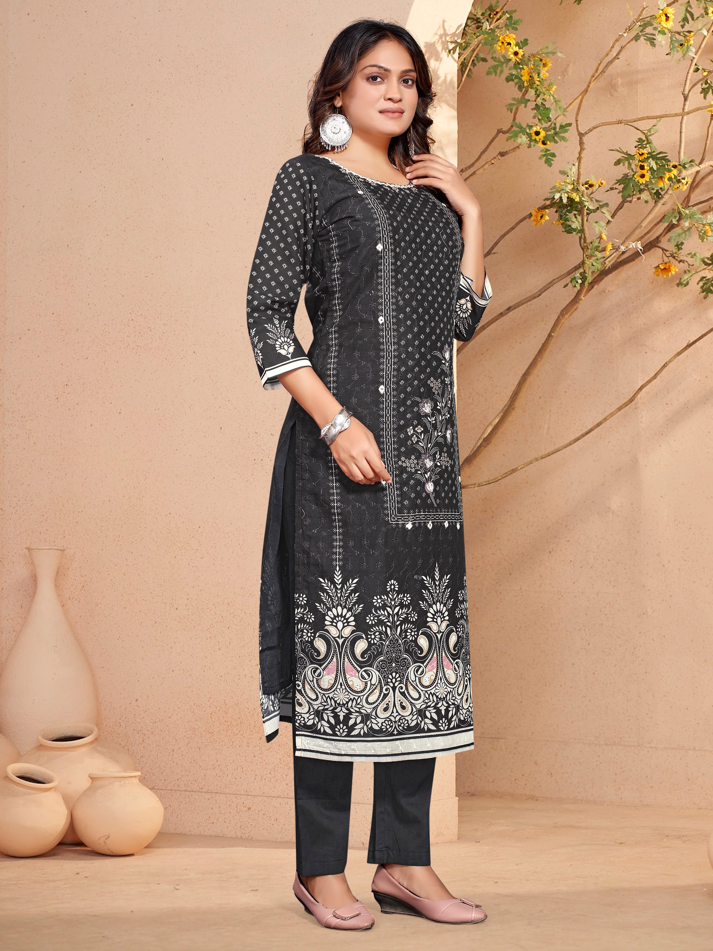Black Pure Siphli Cotton Three Pcs Suit With Pure Mal Dupatta