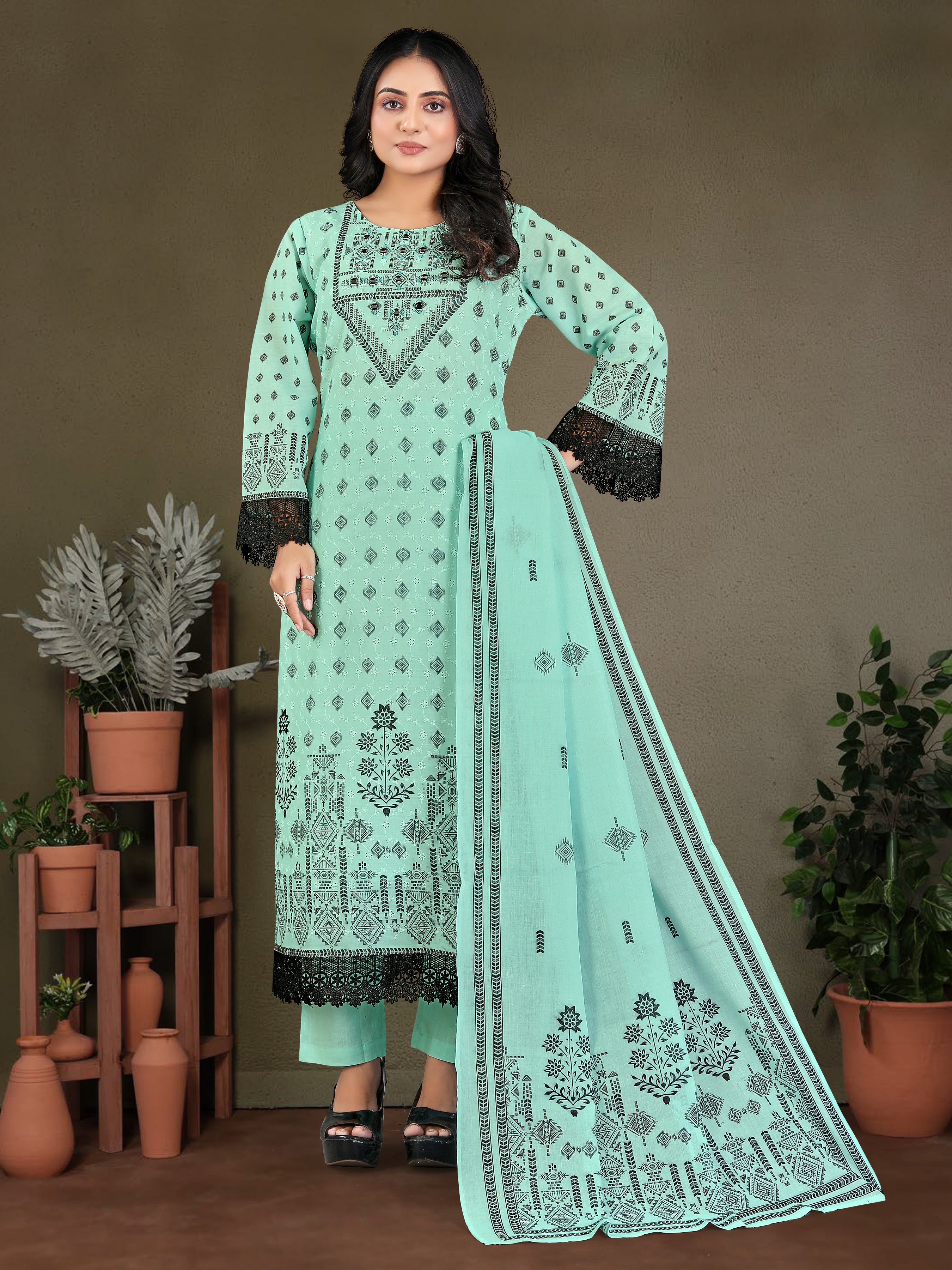 Sea Greenpure Cotton Siplhi 3 Pcs Suit