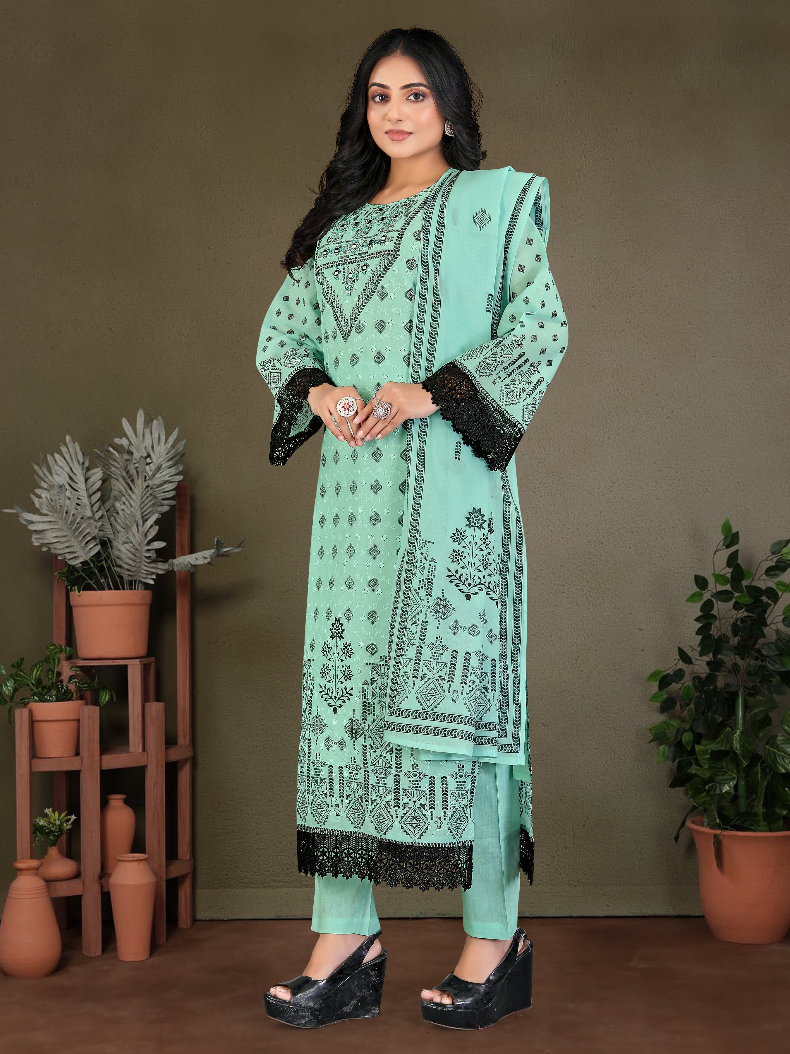 Sea Greenpure Cotton Siplhi 3 Pcs Suit