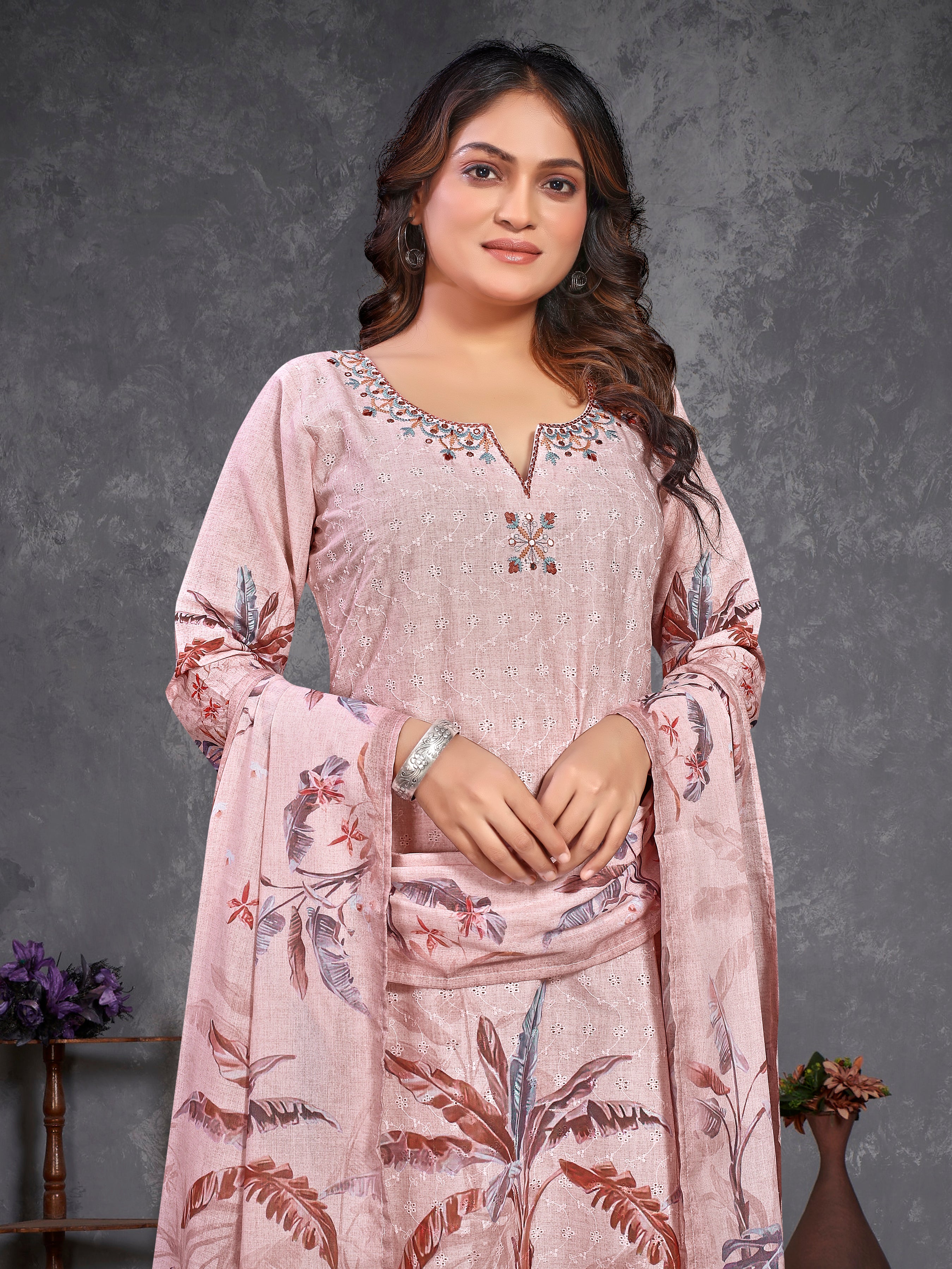 Peach Pure Siphli Cotton Three Pcs Suit With Pure Mal Dupatta