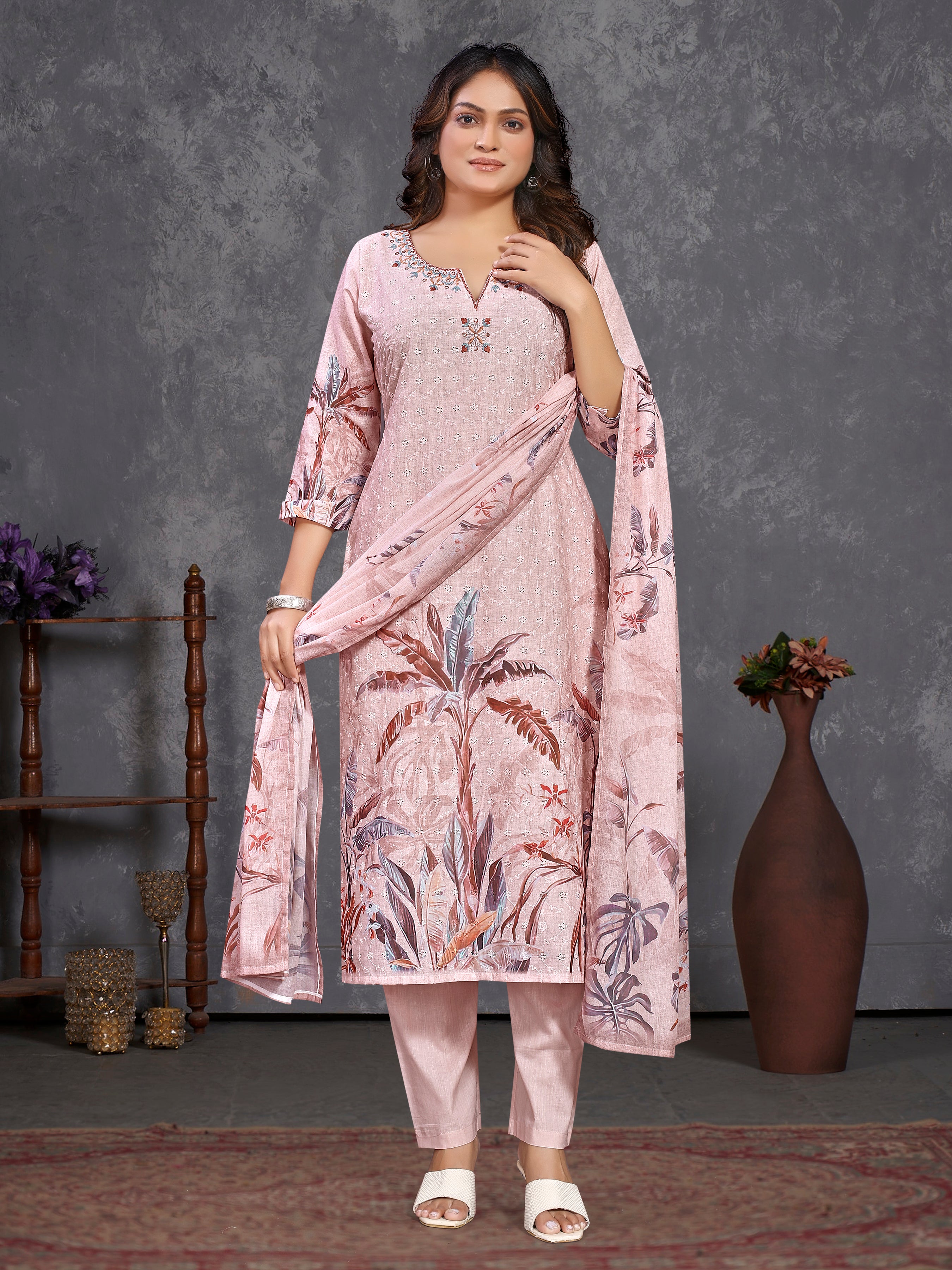 Peach Pure Siphli Cotton Three Pcs Suit With Pure Mal Dupatta