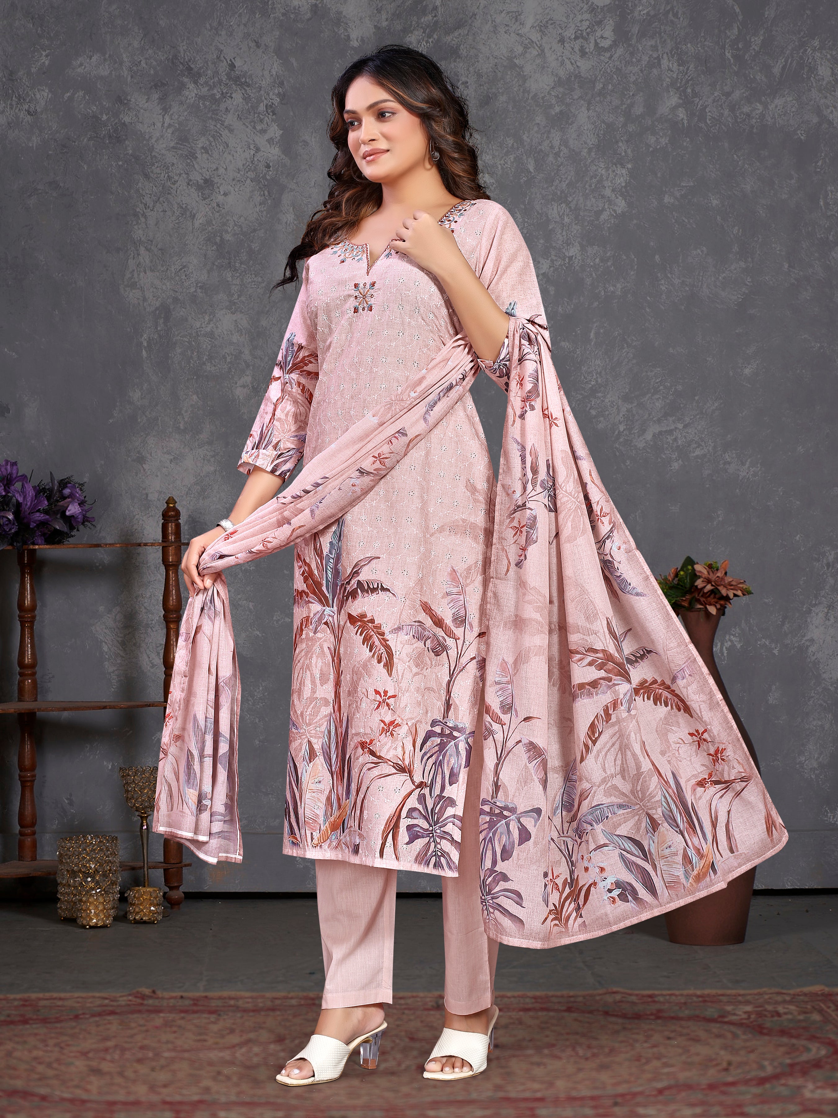 Peach Pure Siphli Cotton Three Pcs Suit With Pure Mal Dupatta