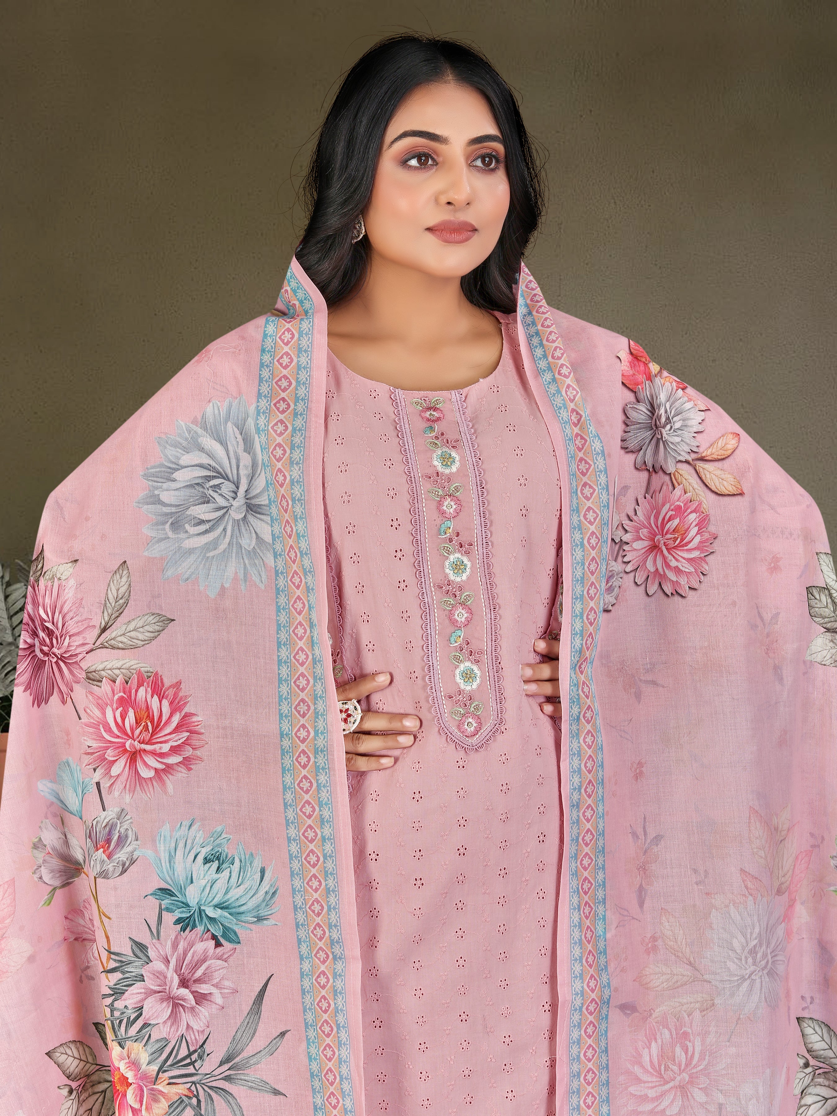 Pink Pure Cambric Siphli 3 Pcs Suit