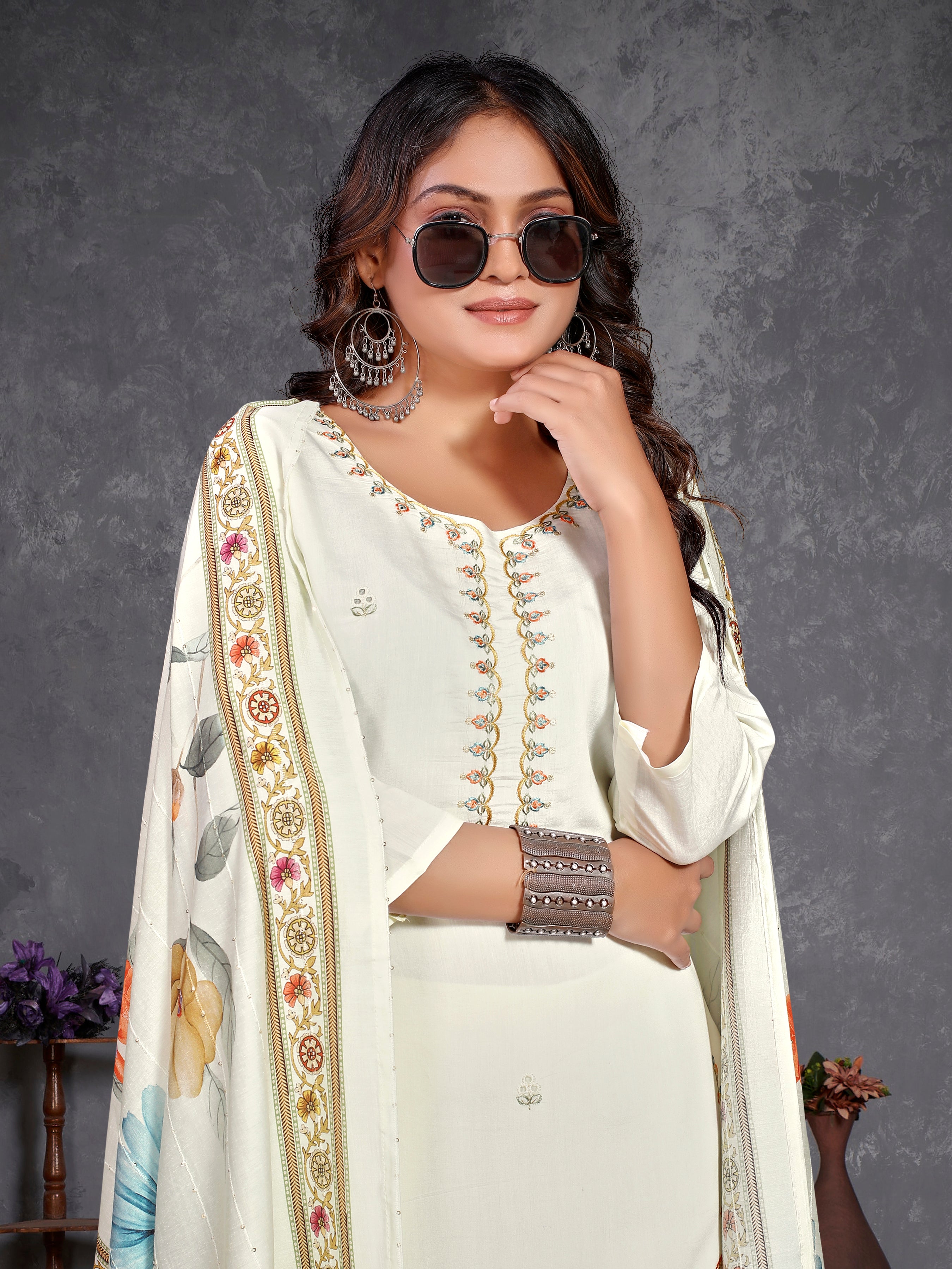 White Roman Silk Three Pcs Suit With Roman Dupatta