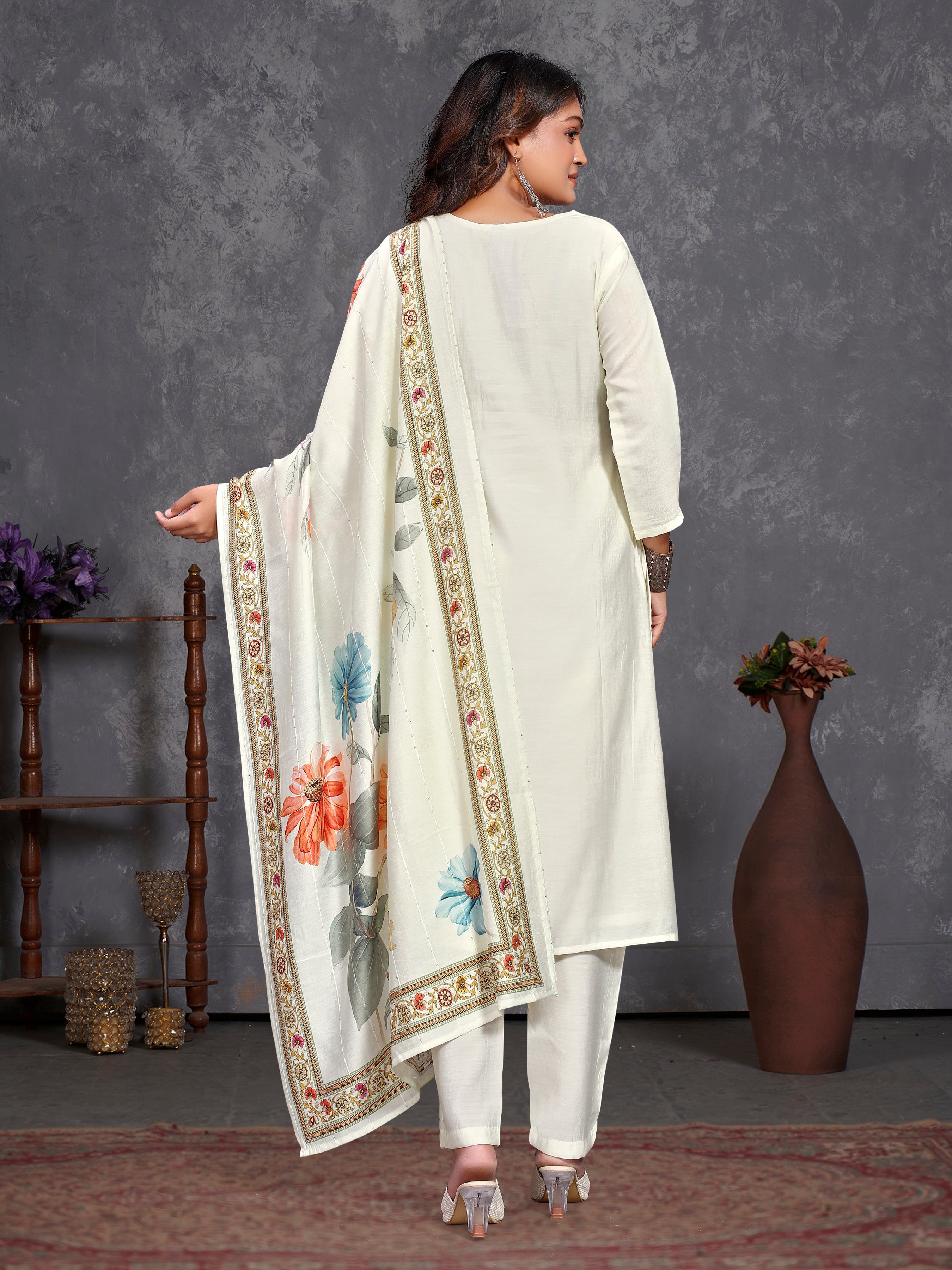 White Roman Silk Three Pcs Suit With Roman Dupatta