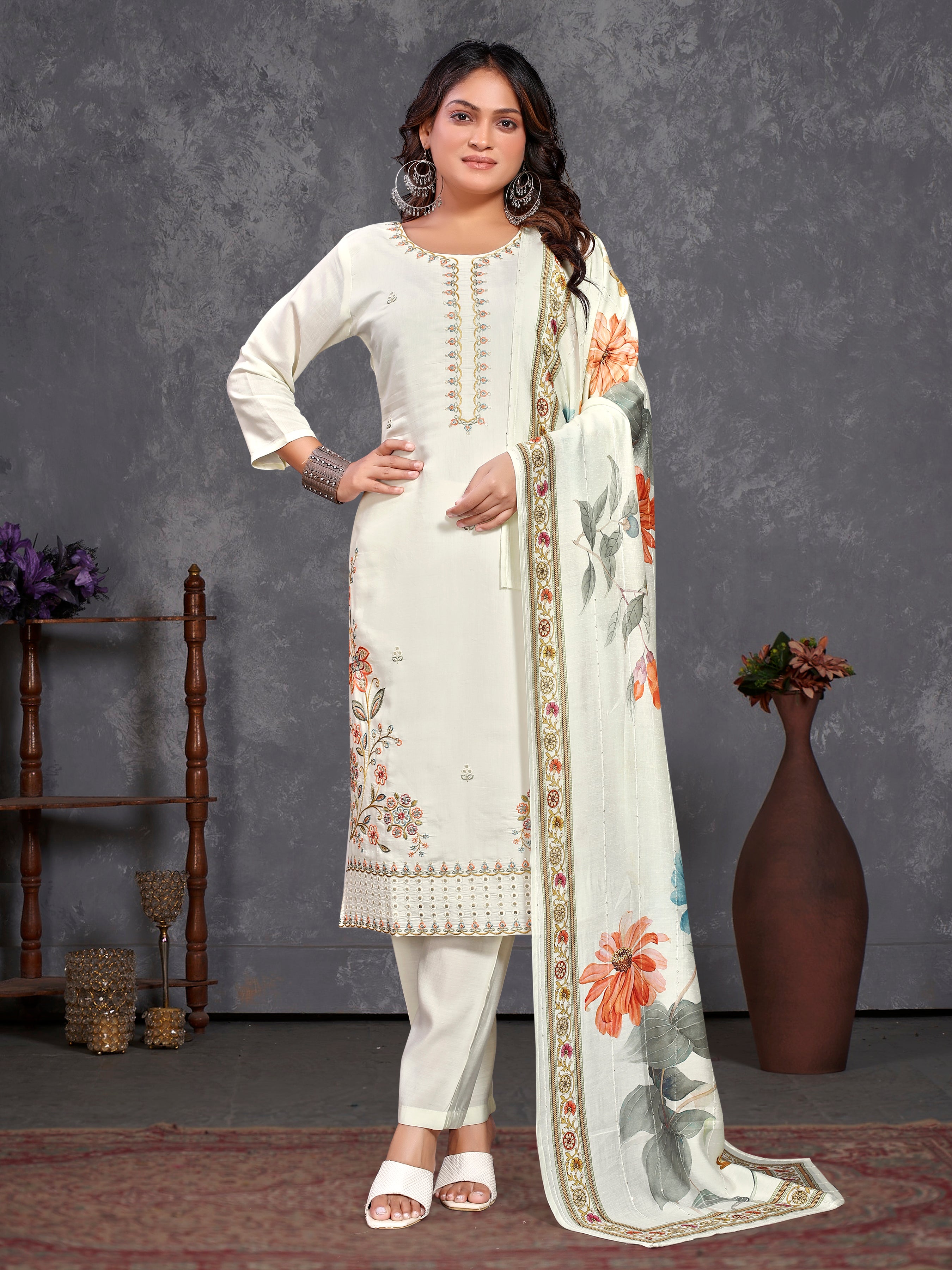 White Roman Silk Three Pcs Suit With Roman Dupatta