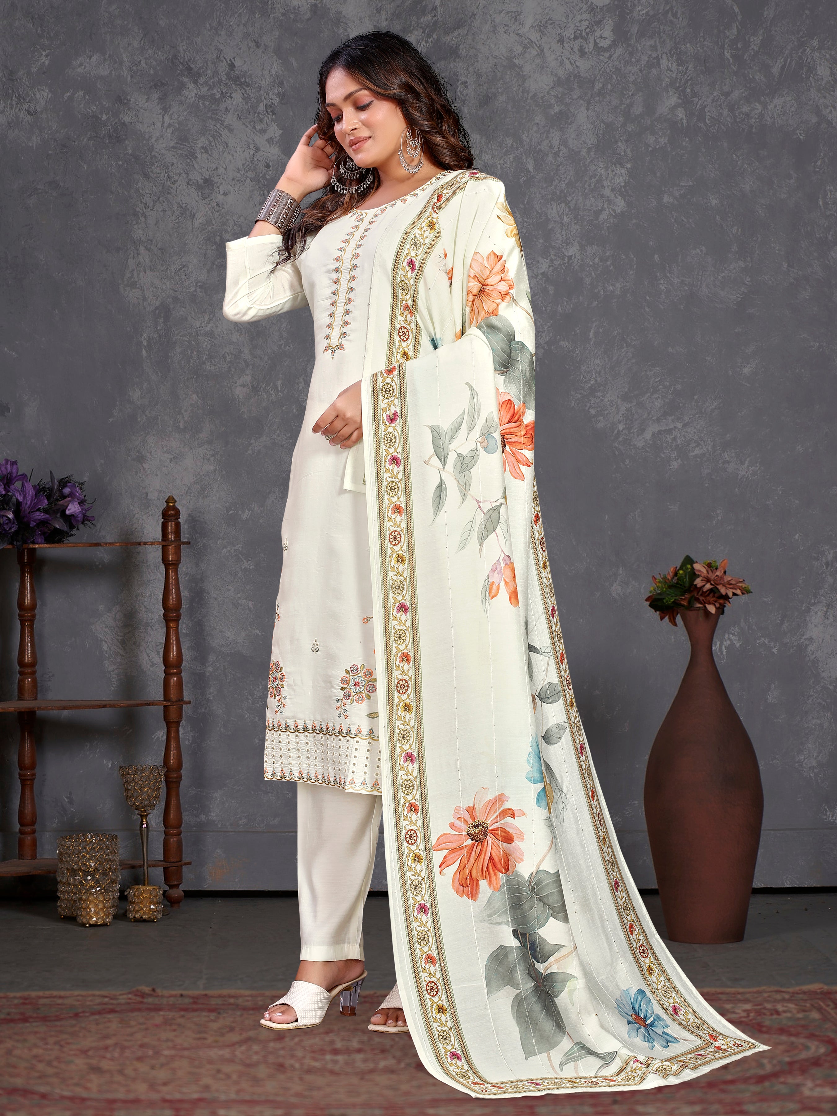 White Roman Silk Three Pcs Suit With Roman Dupatta