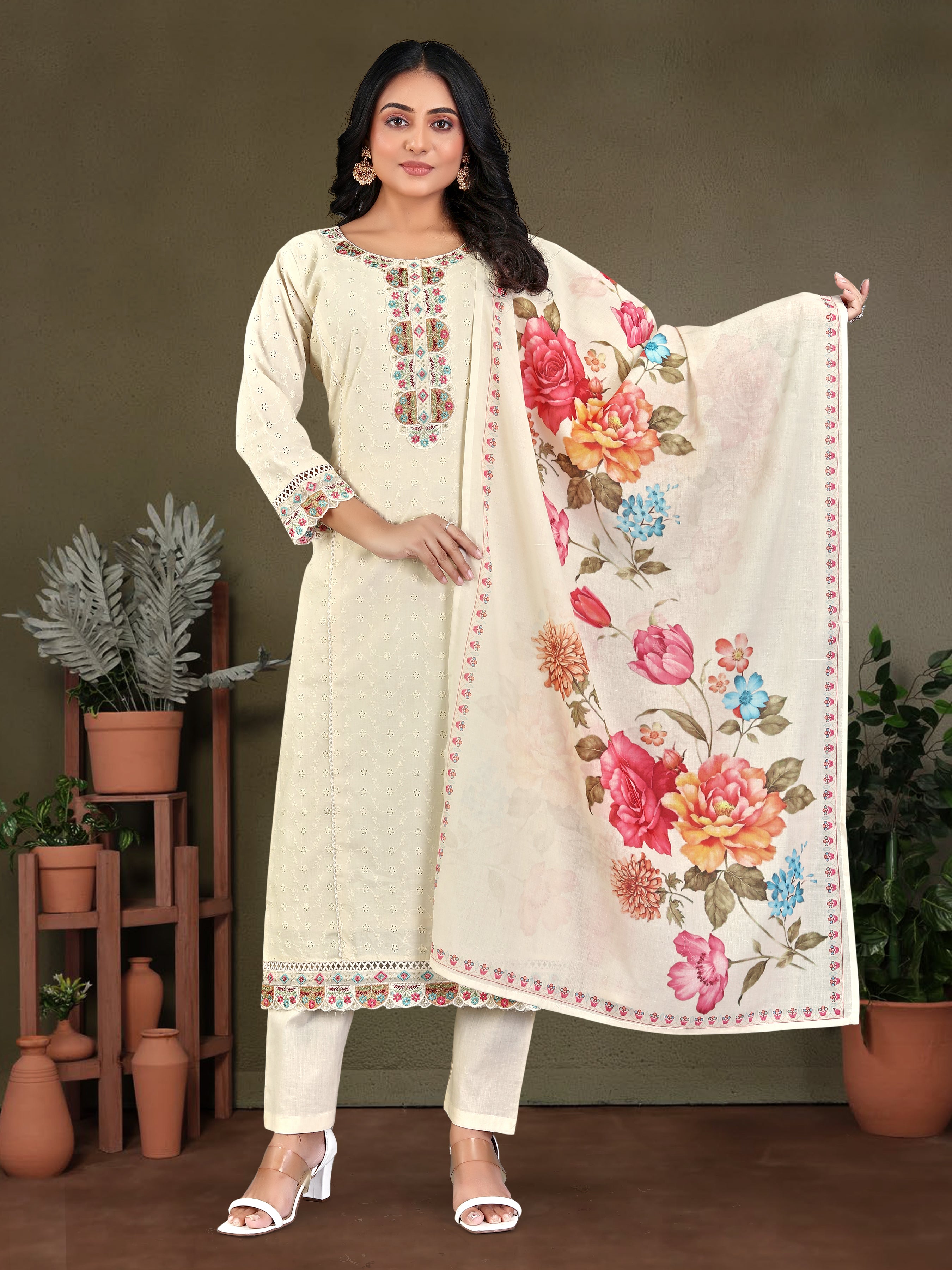 Cream Pure Cotton Siplhi 3 Pcs Suit