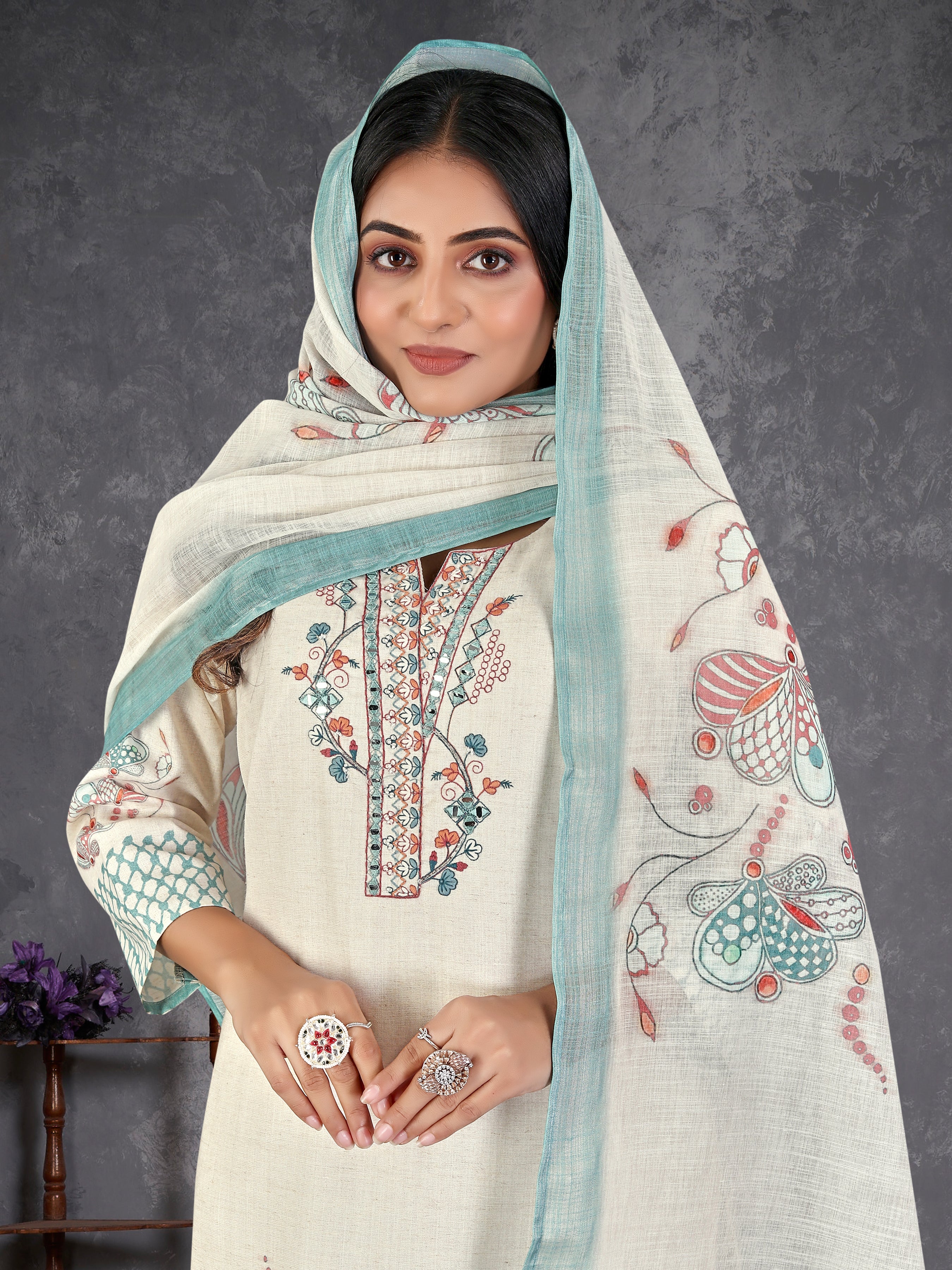 Cream Linen Flex 3 Pcs Suit