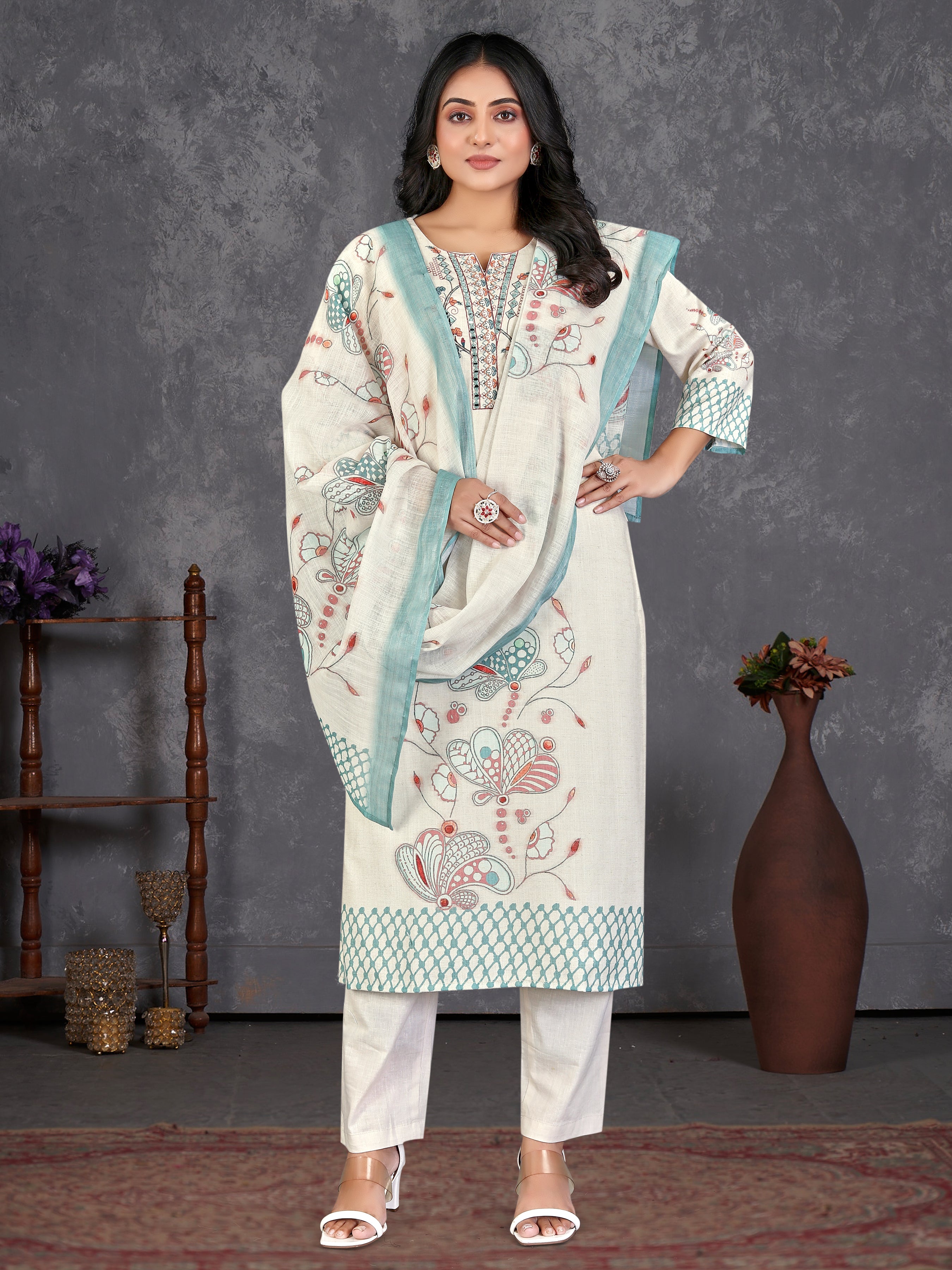 Cream Linen Flex 3 Pcs Suit