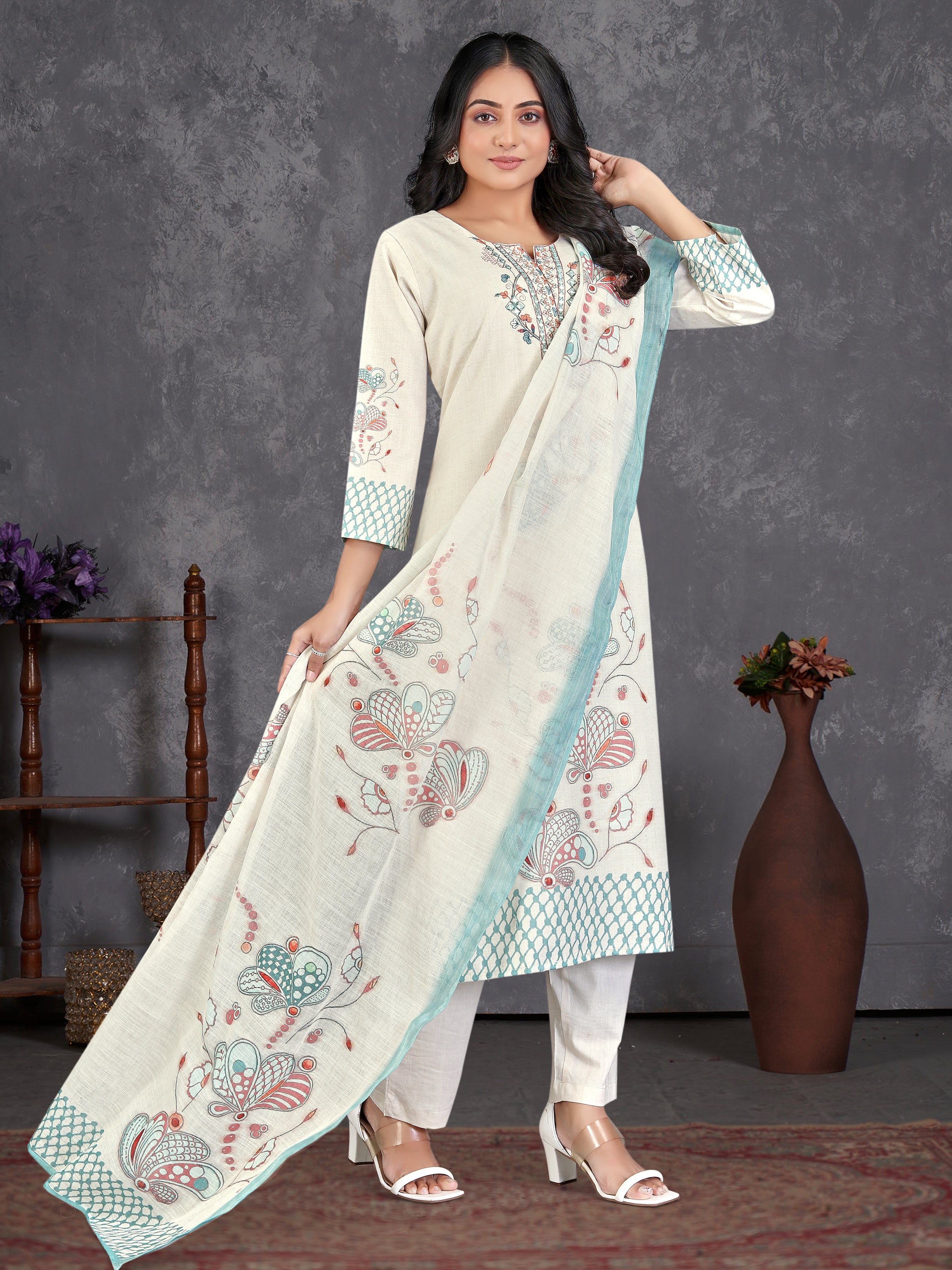 Cream Linen Flex 3 Pcs Suit