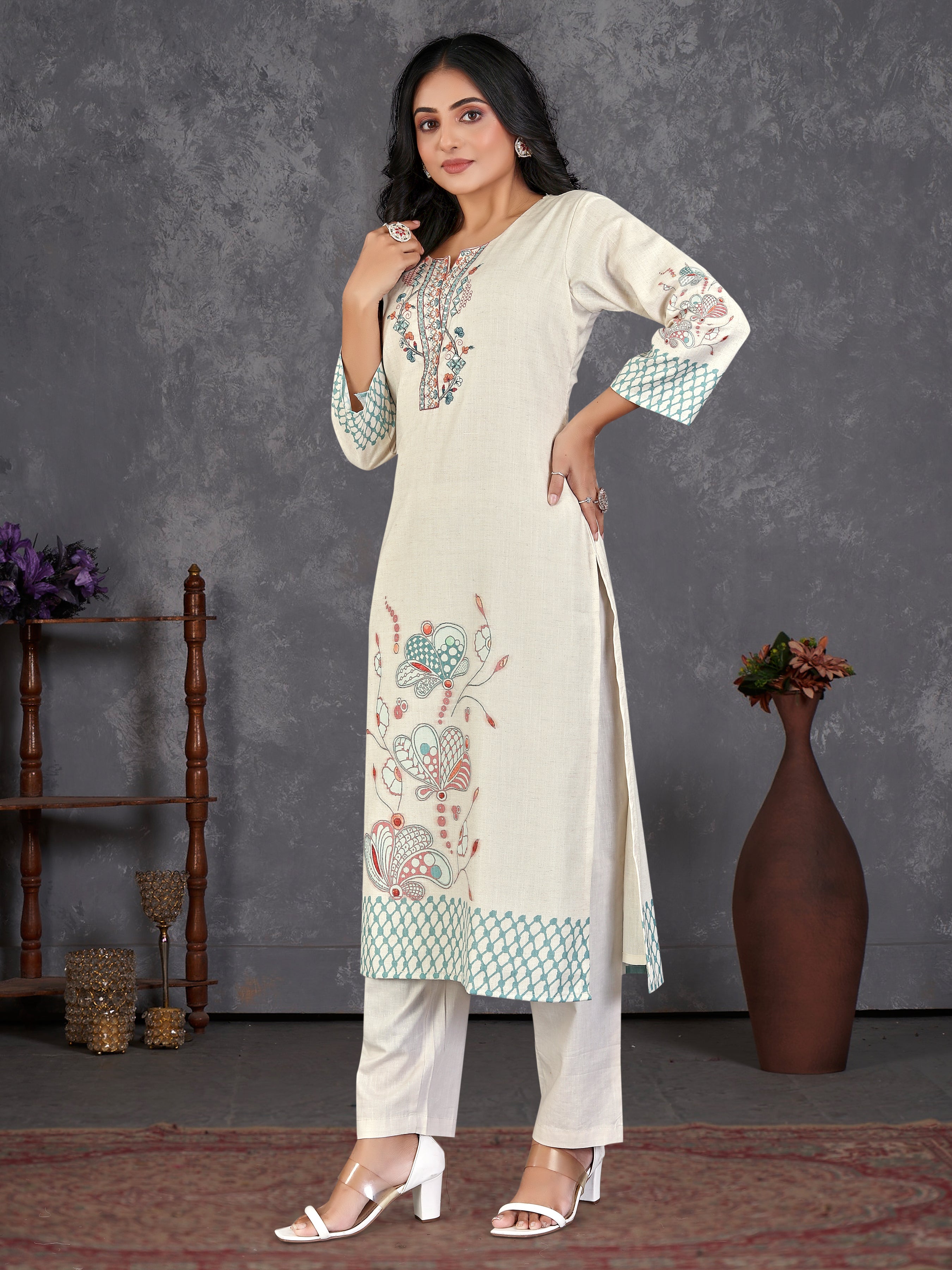 Cream Linen Flex 3 Pcs Suit