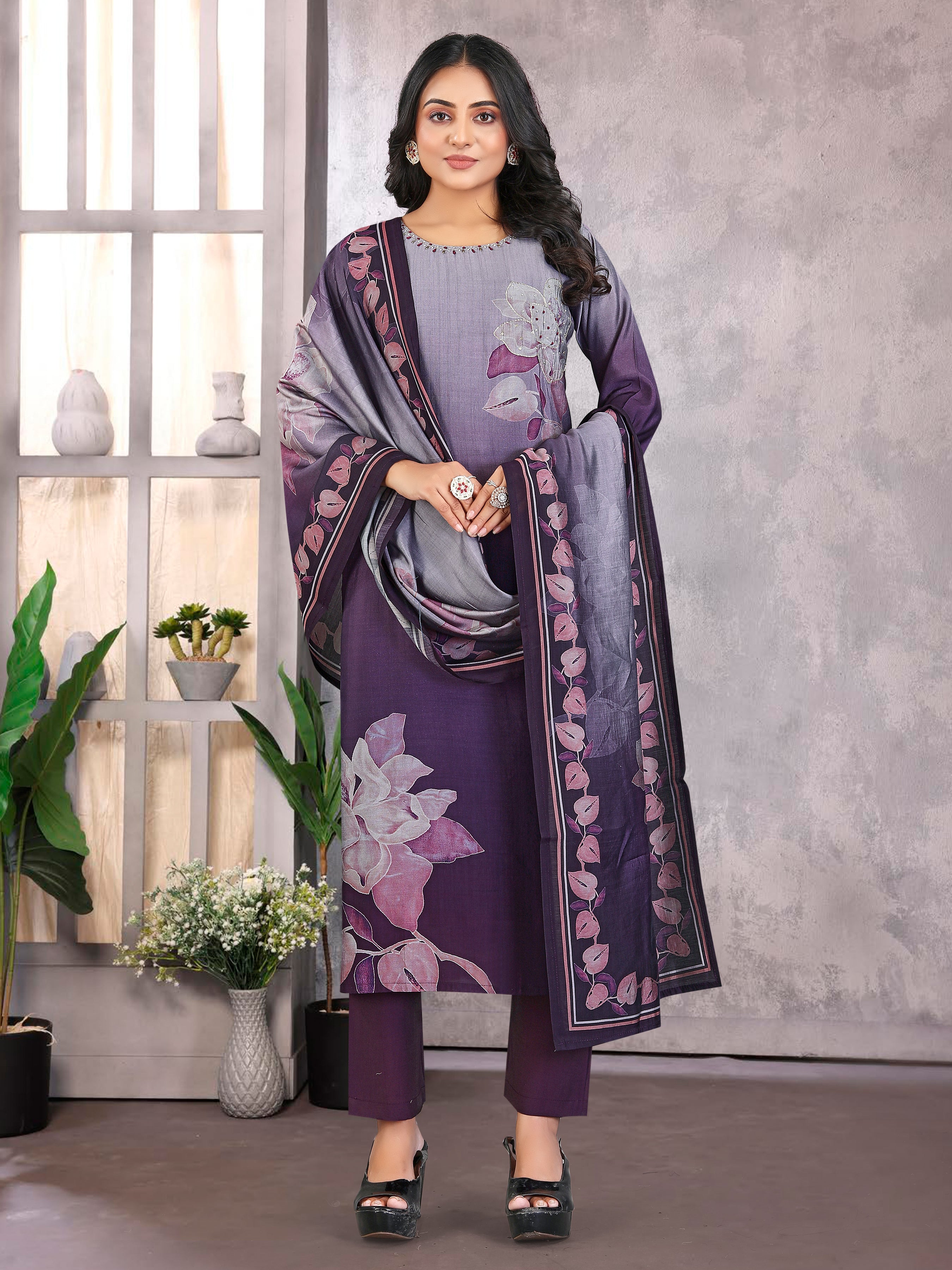 Navy Blue Roman Silk 3 Pcs Suit