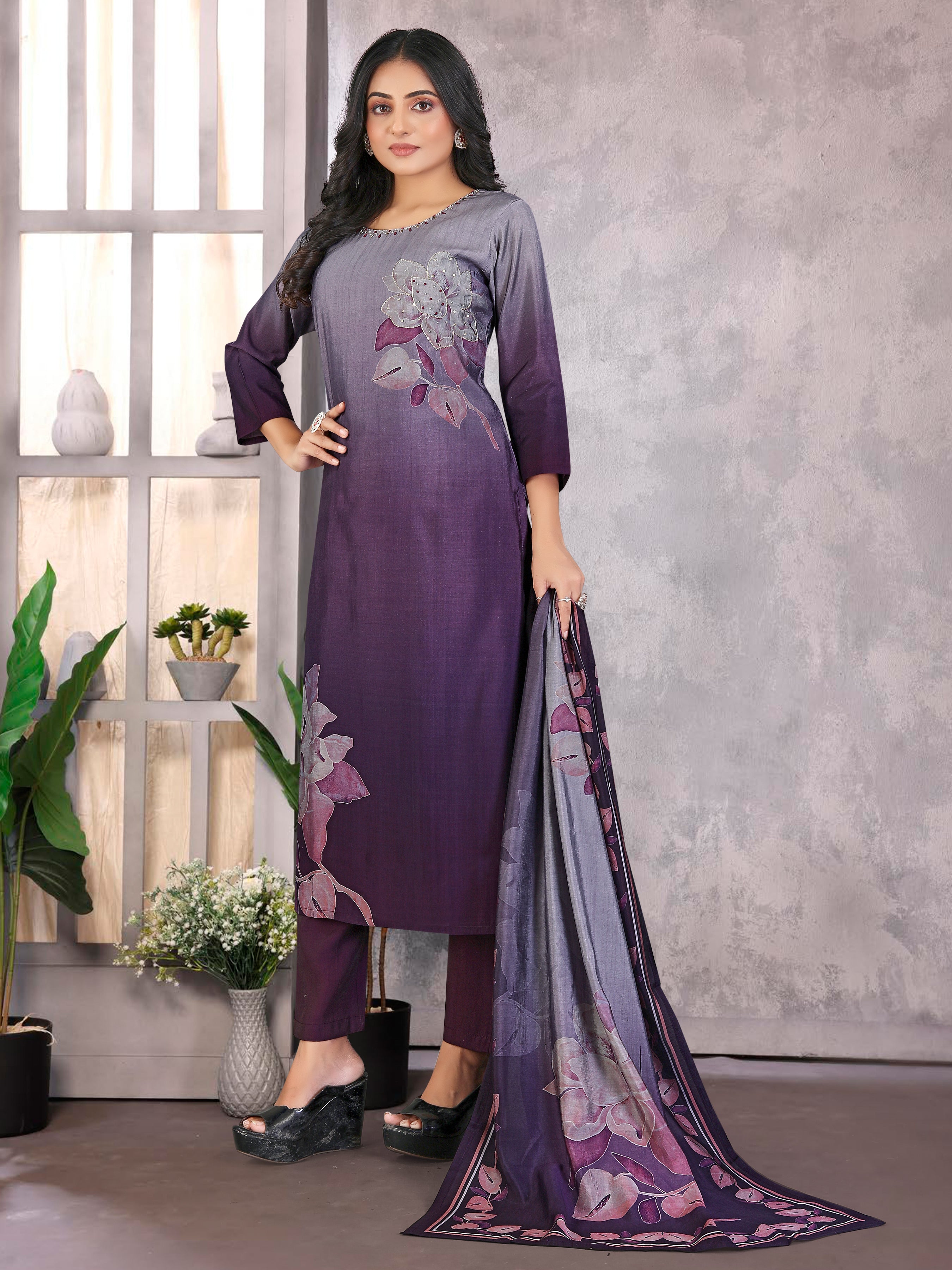 Navy Blue Roman Silk 3 Pcs Suit