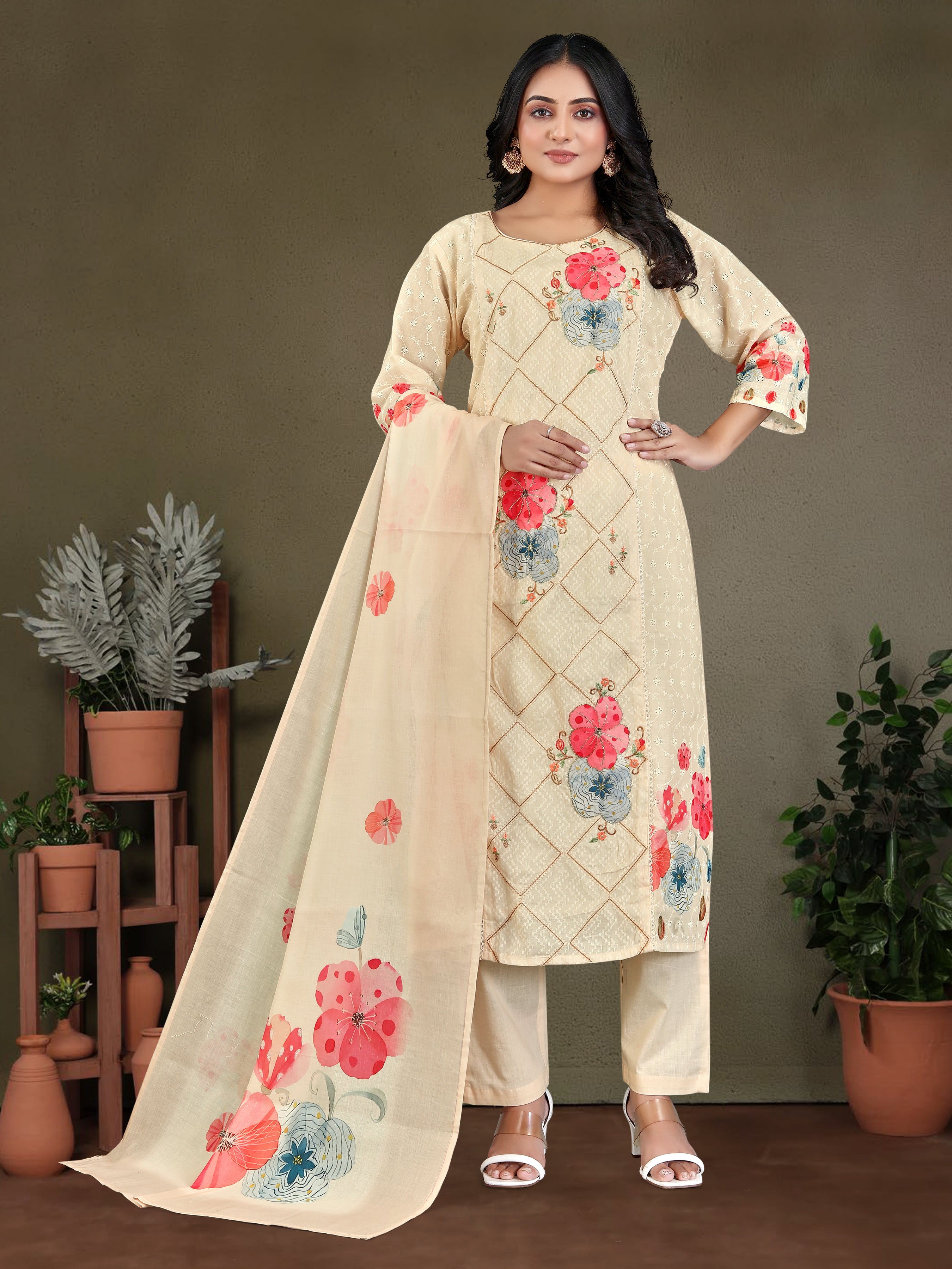 Cream Pure Cotton Siplhi 3  Pcs Suit