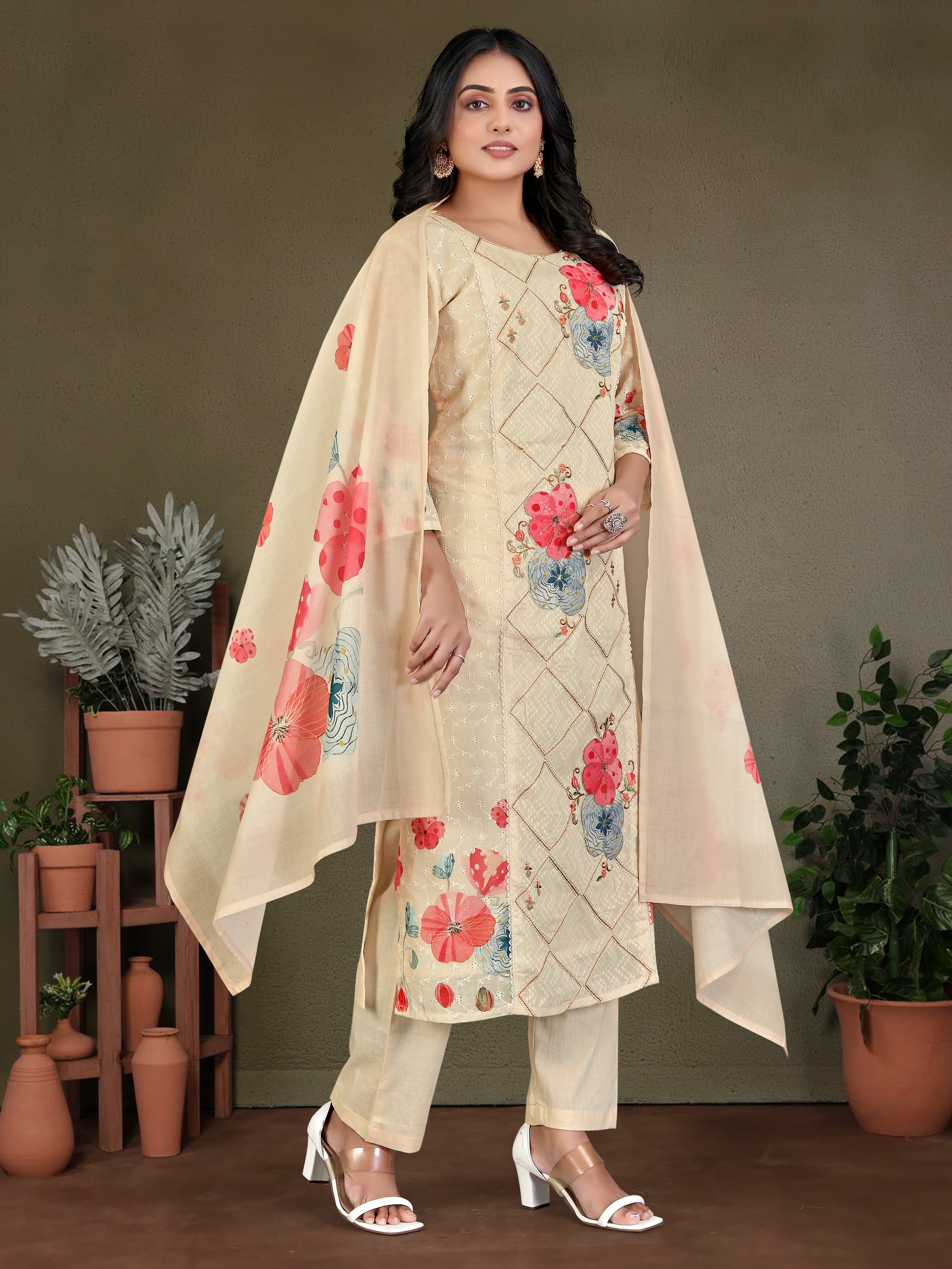 Cream Pure Cotton Siplhi 3  Pcs Suit