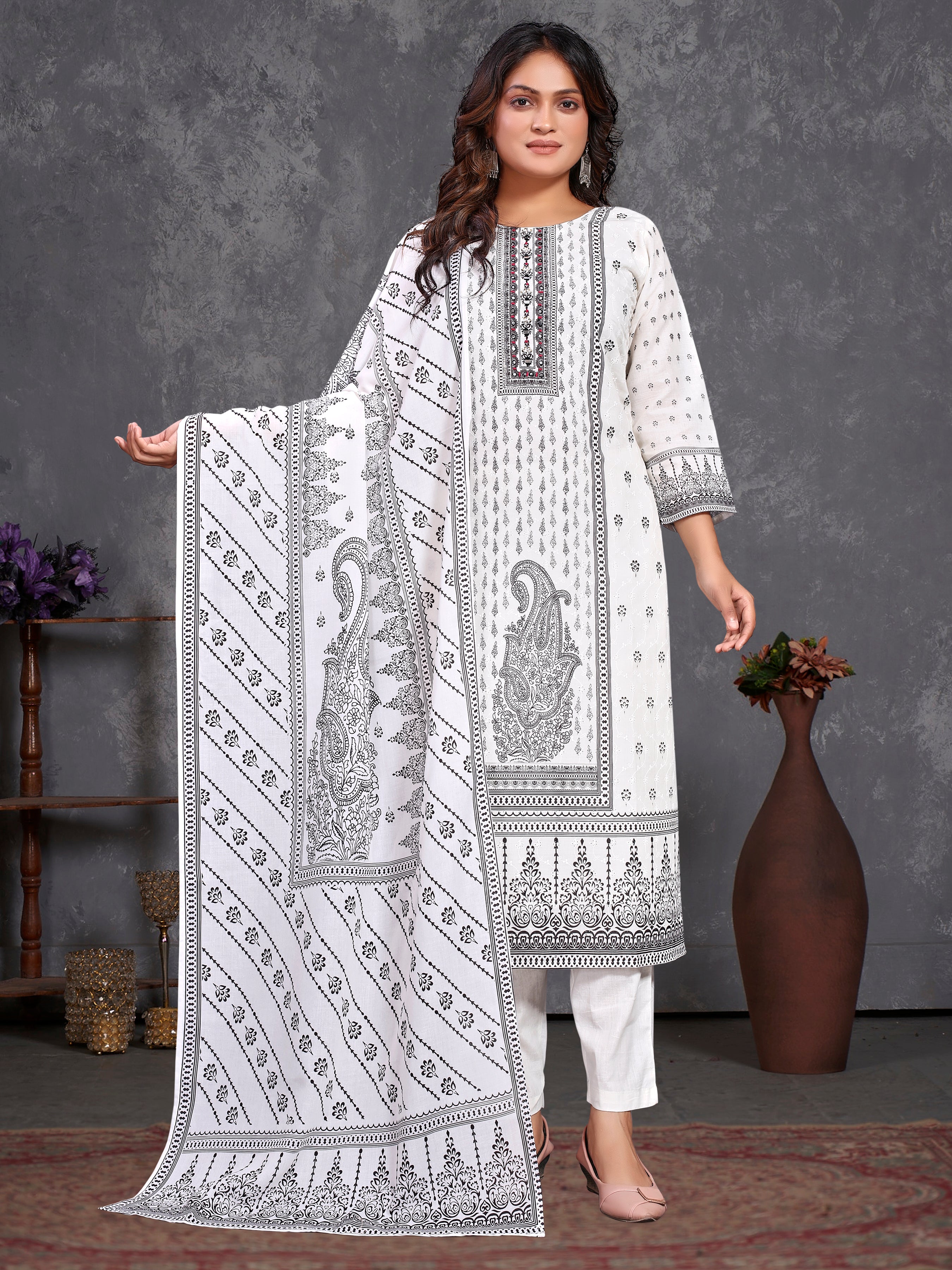 White Pure Cotton Siplhi Three Pcs Suit With Pure Mal Dupatta