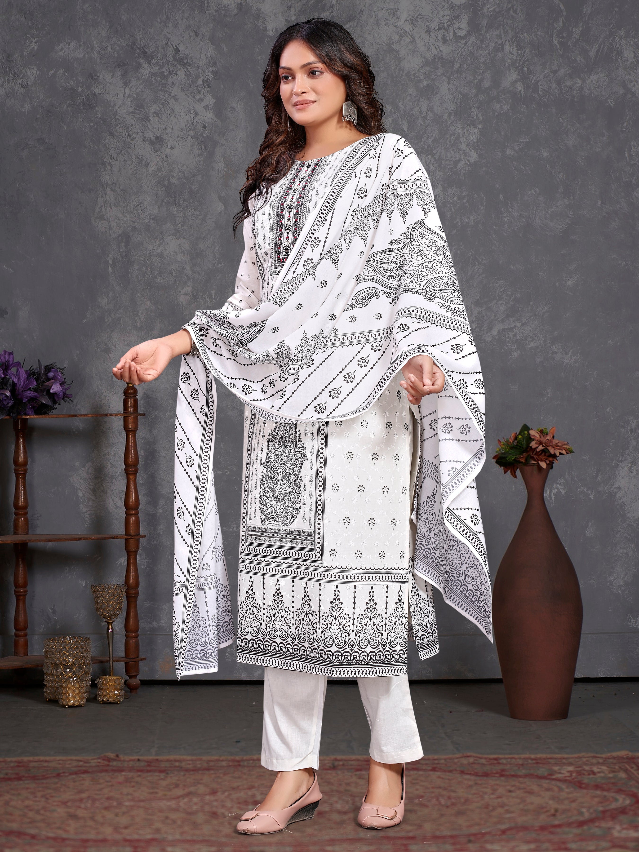 White Pure Cotton Siplhi Three Pcs Suit With Pure Mal Dupatta