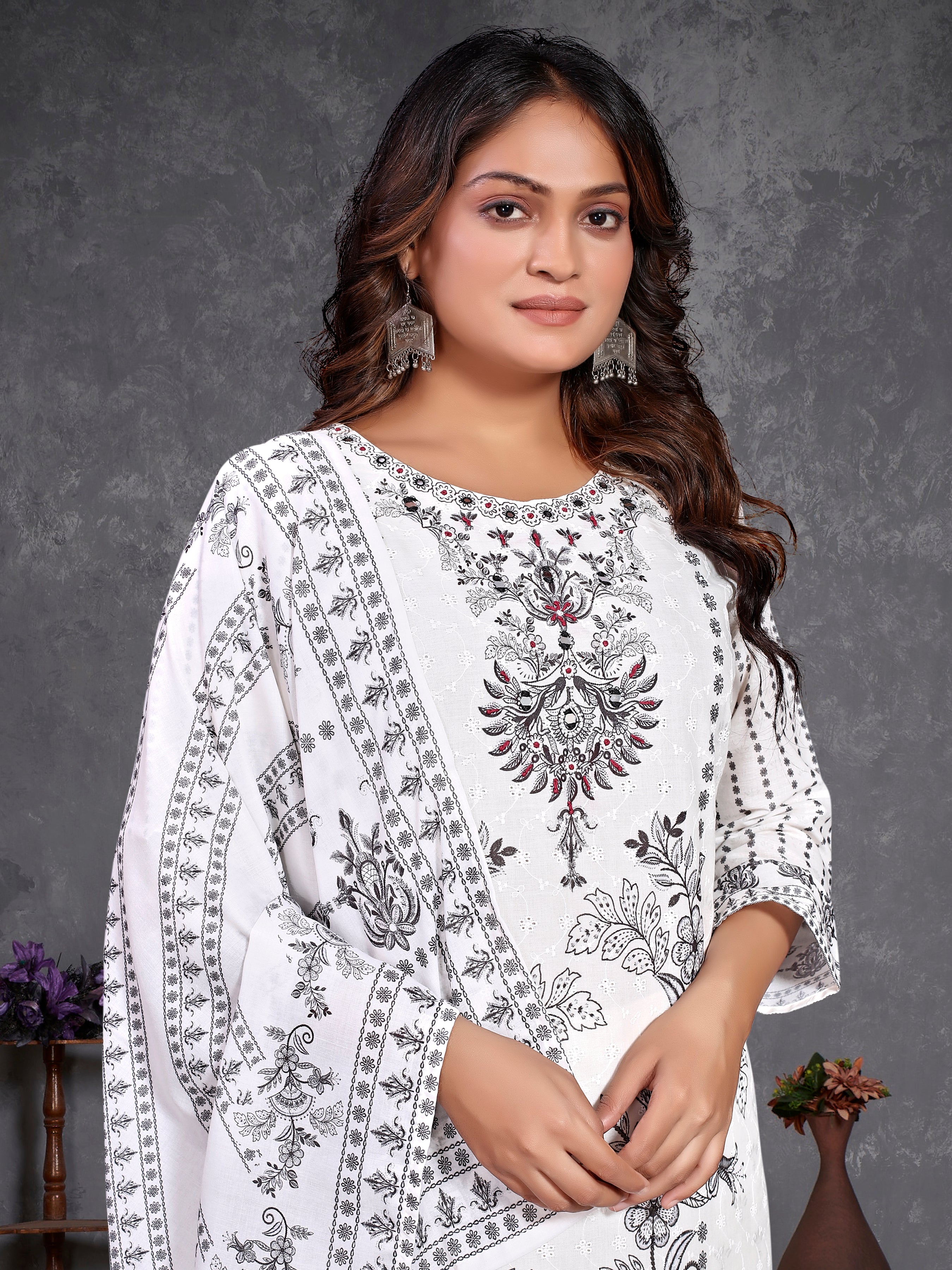 White Pure Cotton Siplhi Three Pcs Suit With Pure Mal Dupatta