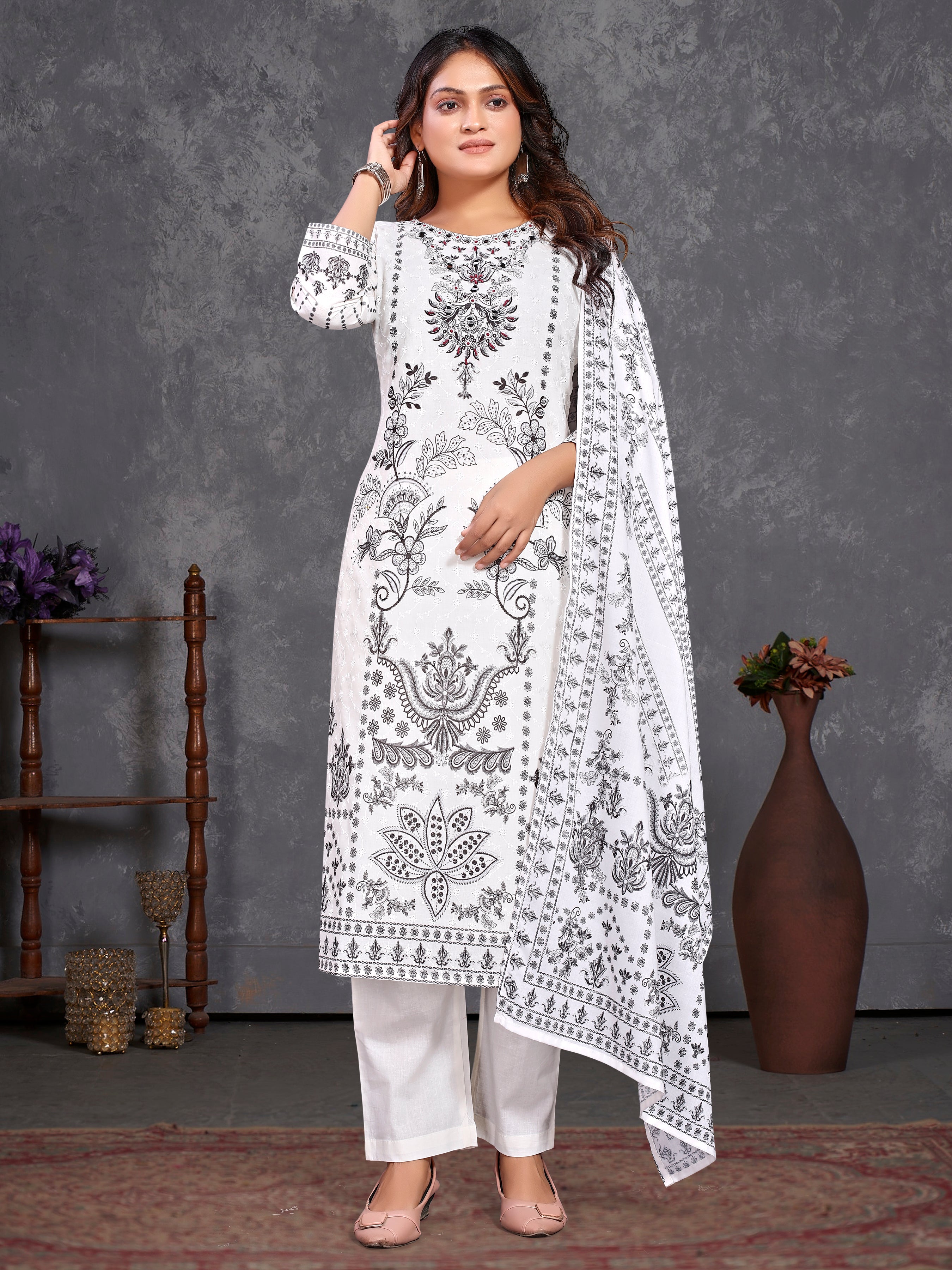 White Pure Cotton Siplhi Three Pcs Suit With Pure Mal Dupatta