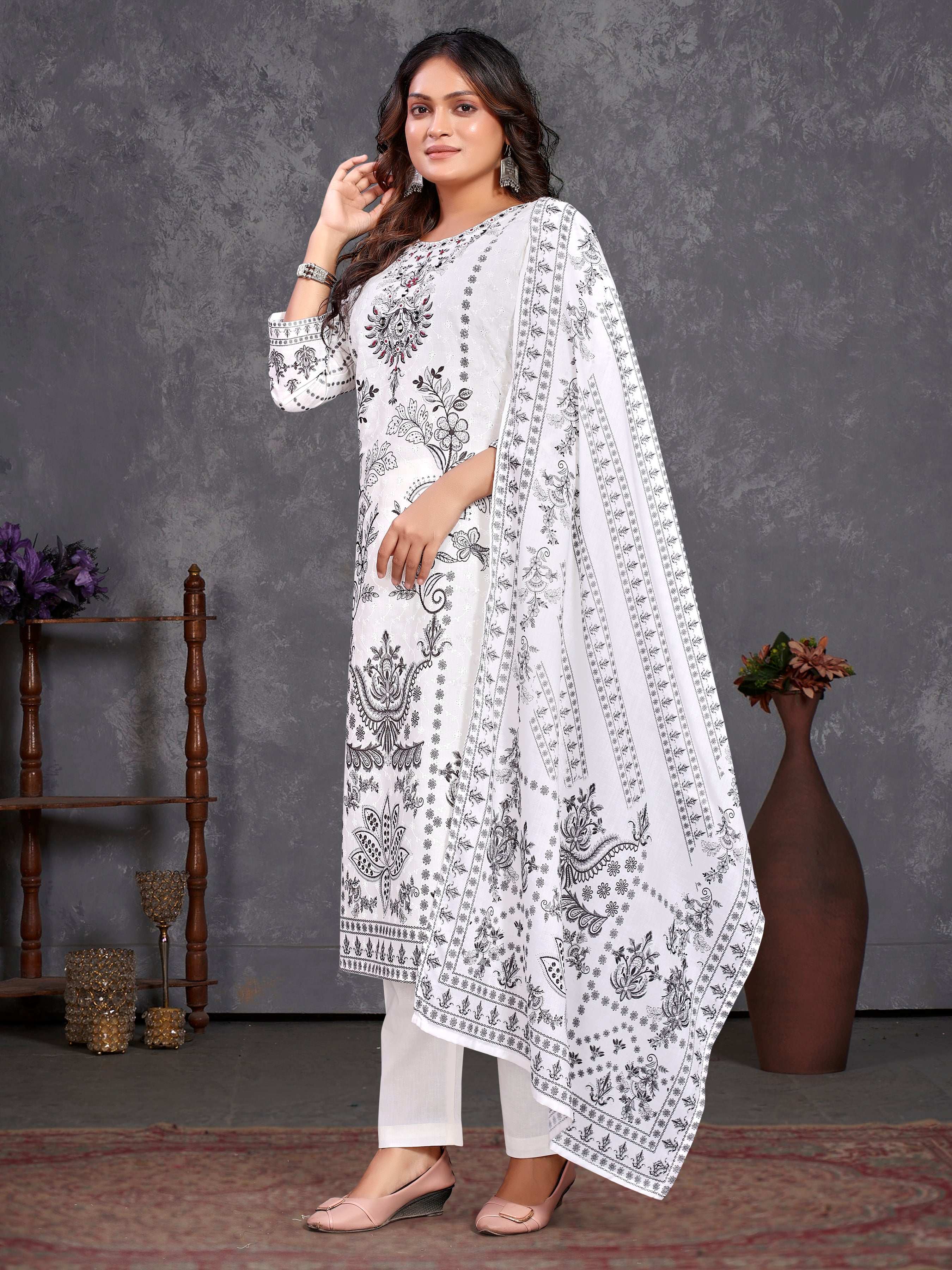 White Pure Cotton Siplhi Three Pcs Suit With Pure Mal Dupatta