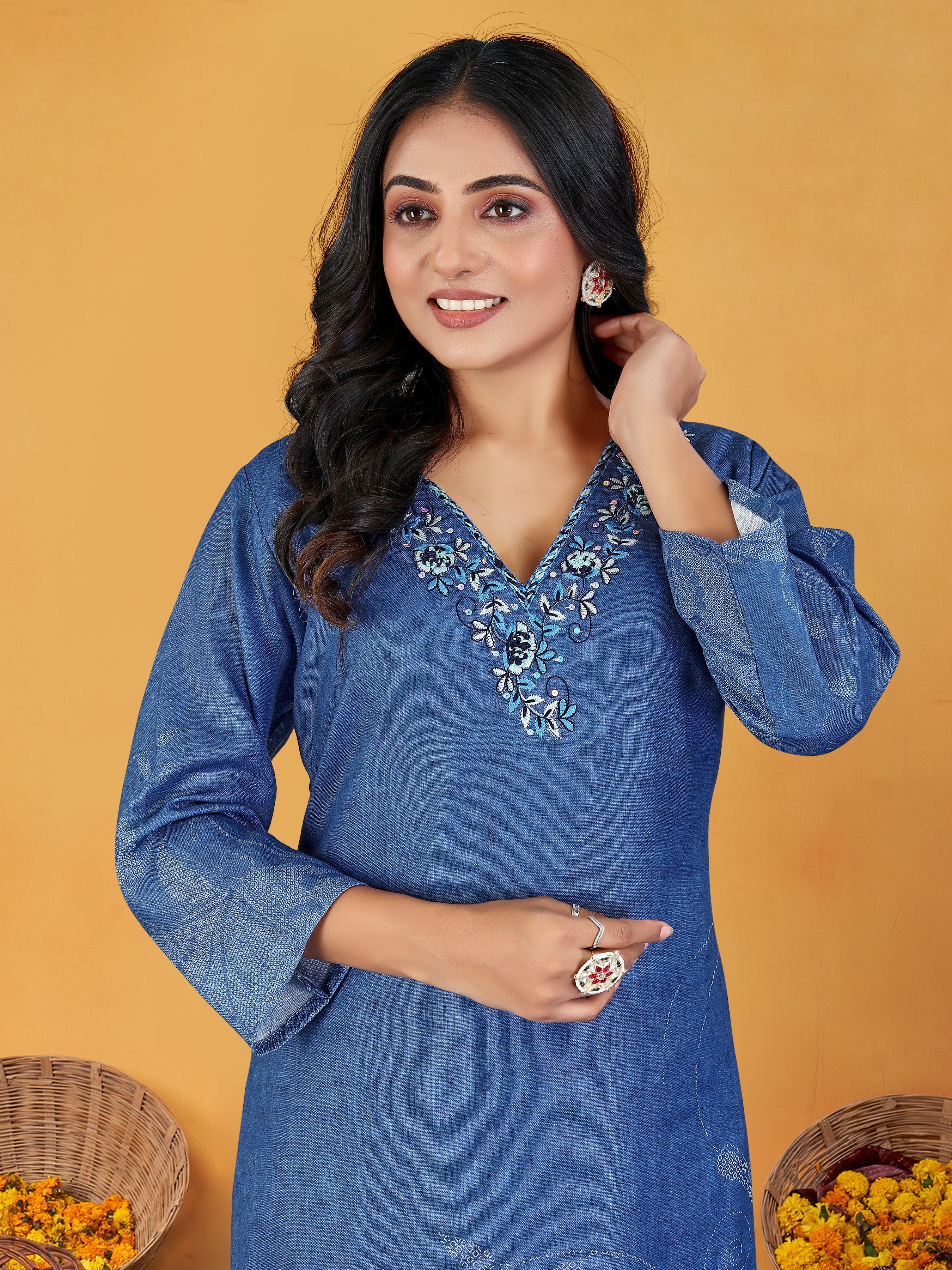 Blue Pure Linen  3  Pcs Suit