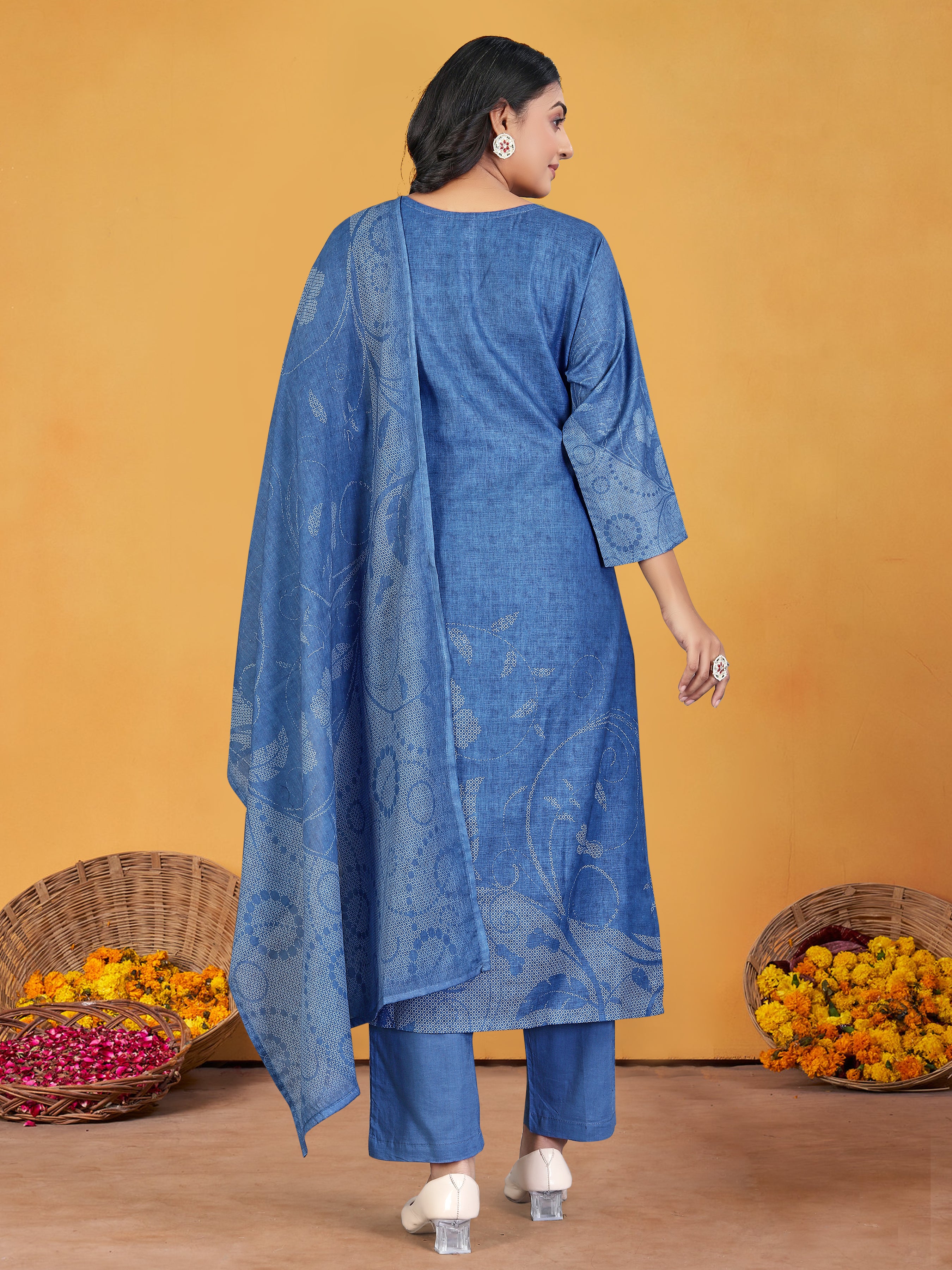 Blue Pure Linen  3  Pcs Suit