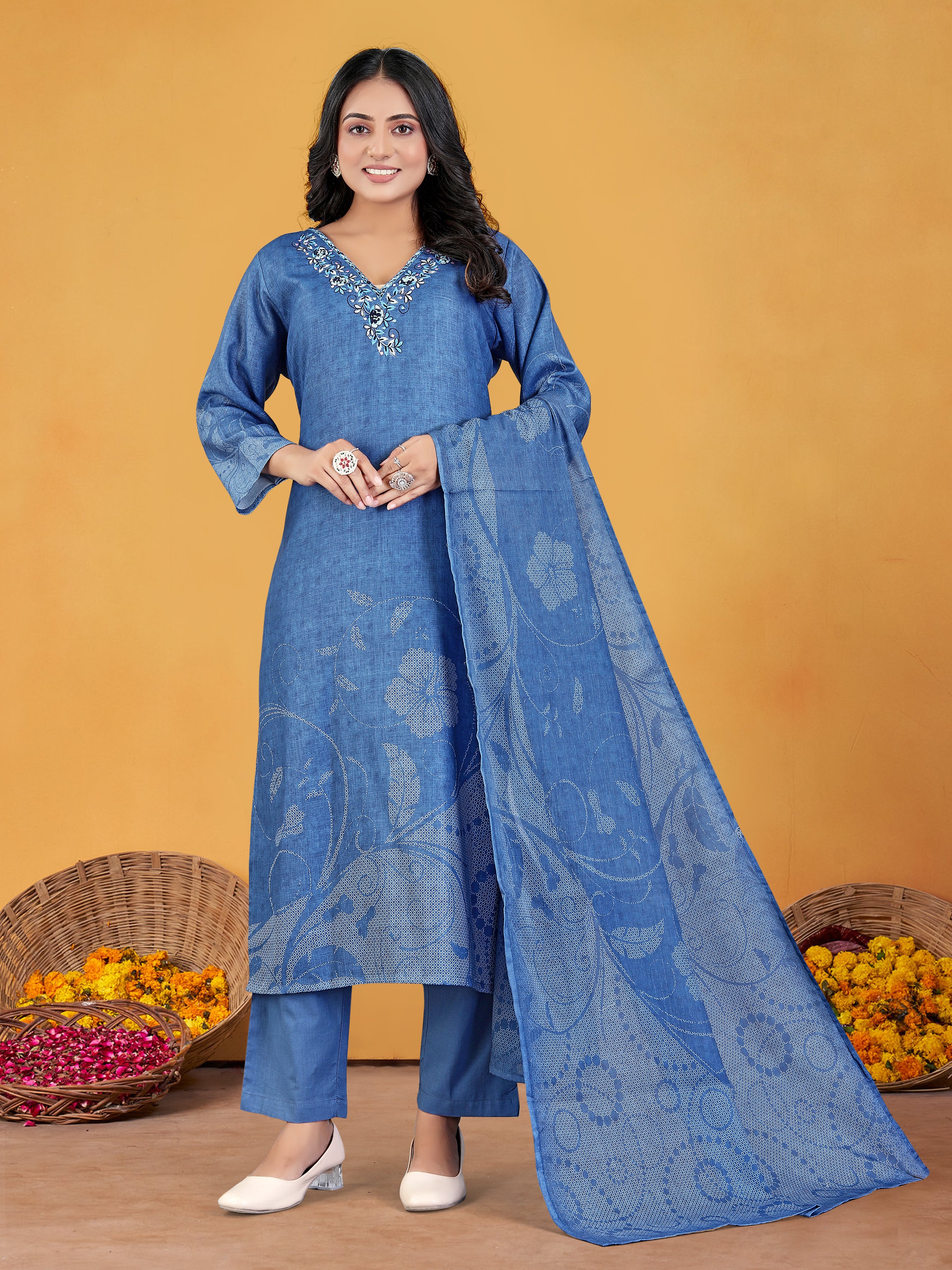 Blue Pure Linen  3  Pcs Suit