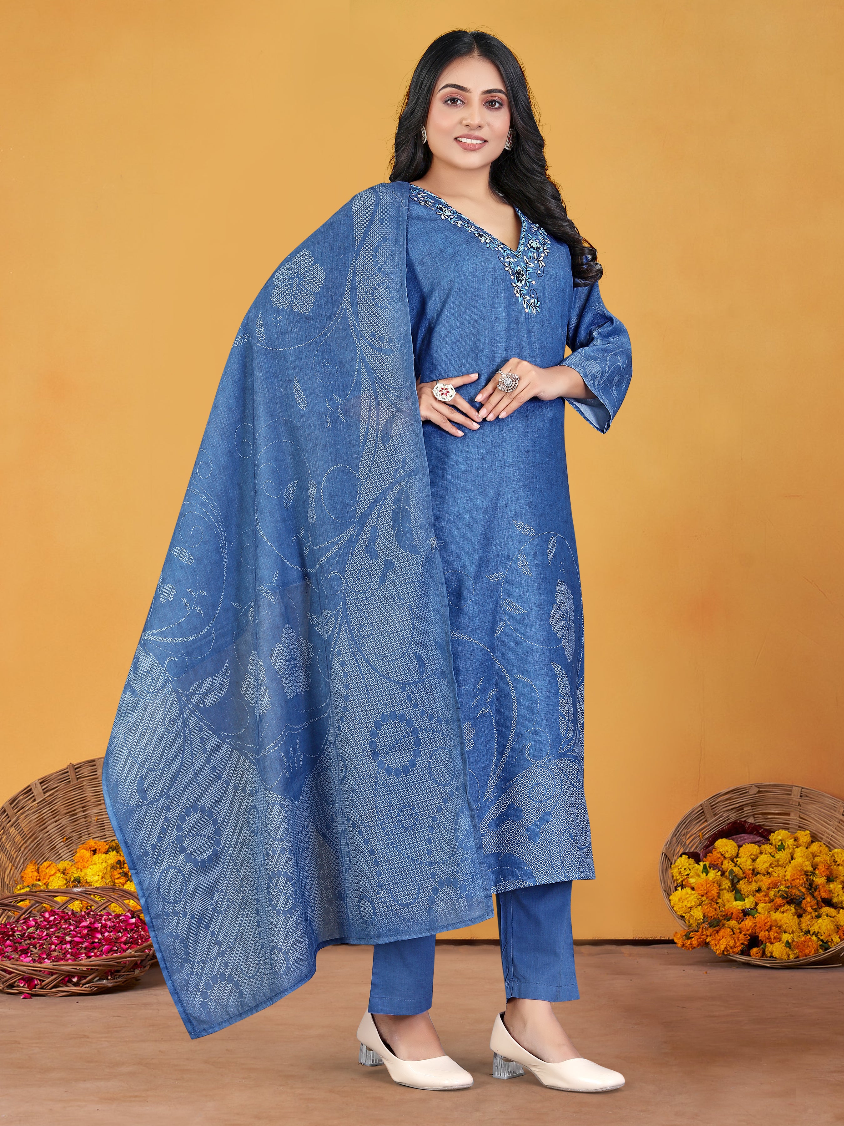 Blue Pure Linen  3  Pcs Suit