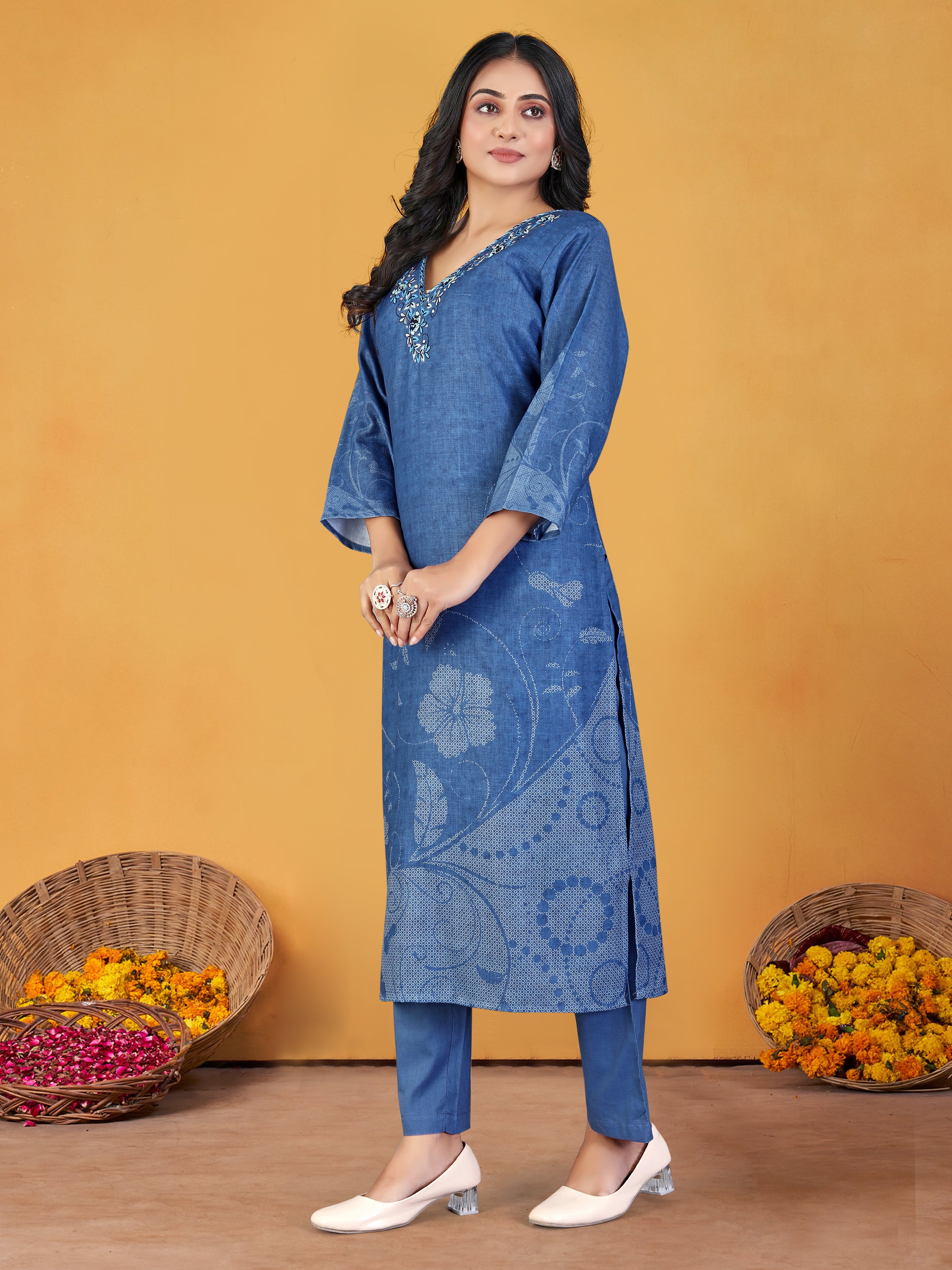 Blue Pure Linen  3  Pcs Suit