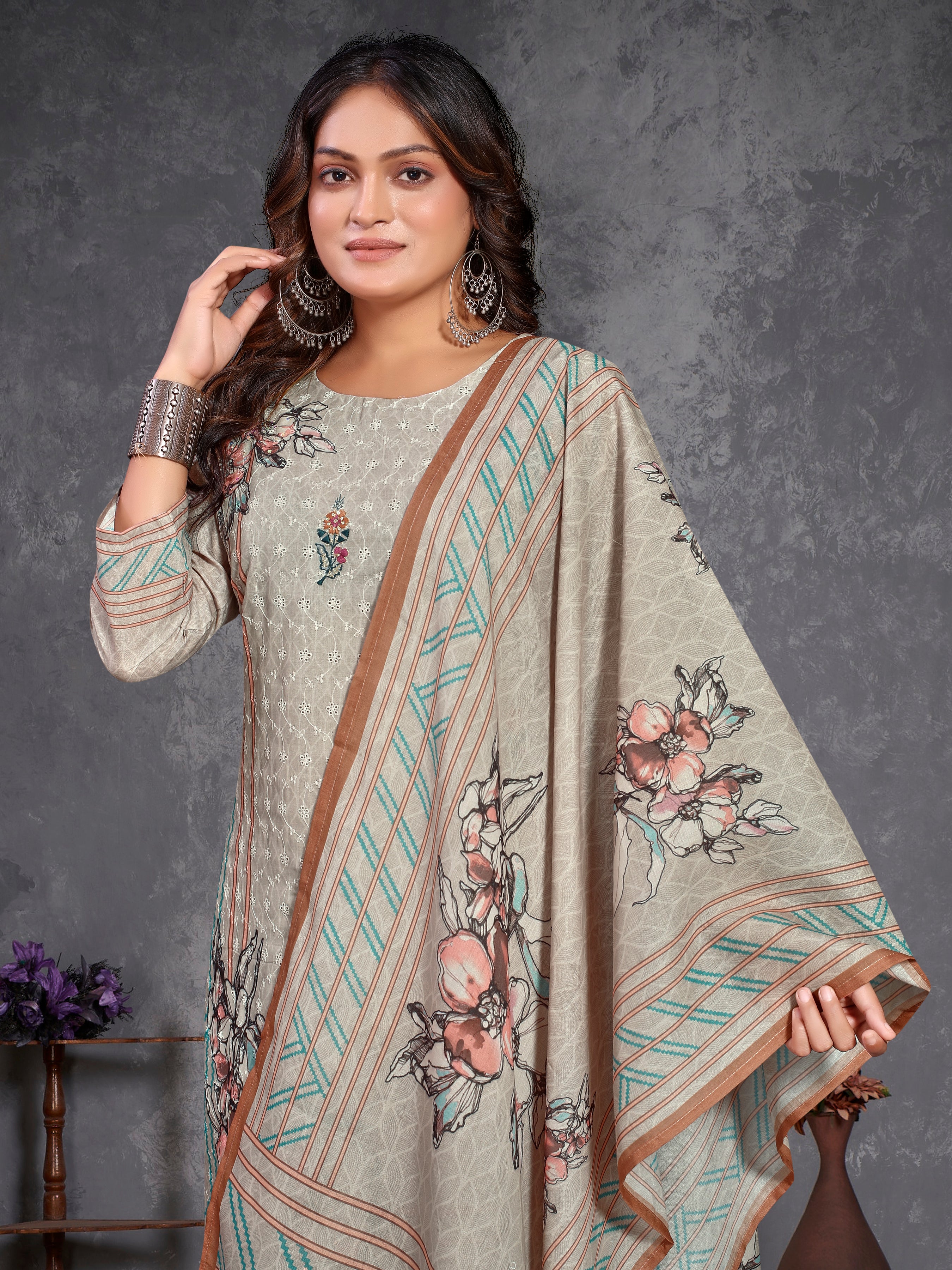 Brown Cotton Siplhi Three Pcs Suit With Pure Mal Dupatta