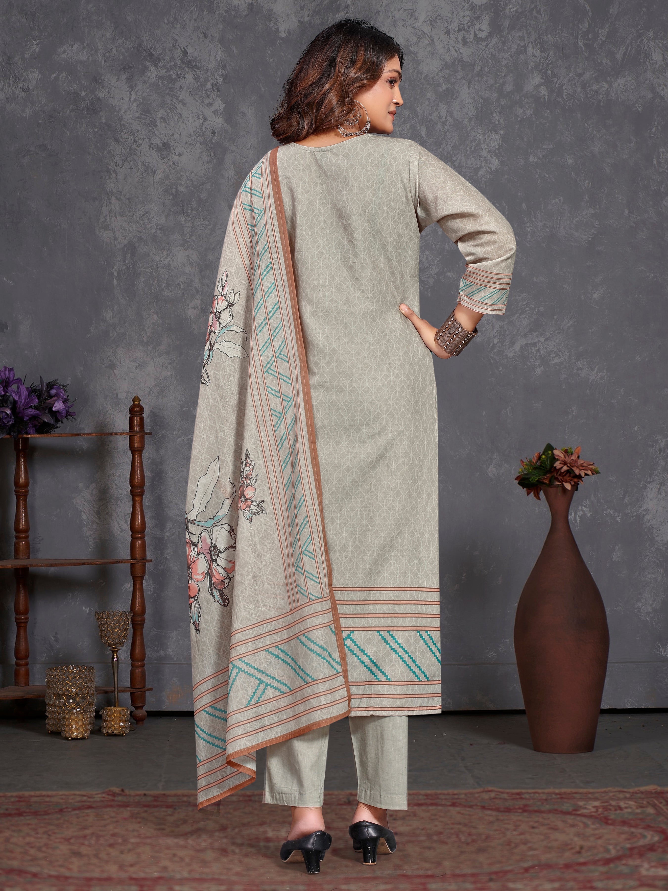 Brown Cotton Siplhi Three Pcs Suit With Pure Mal Dupatta