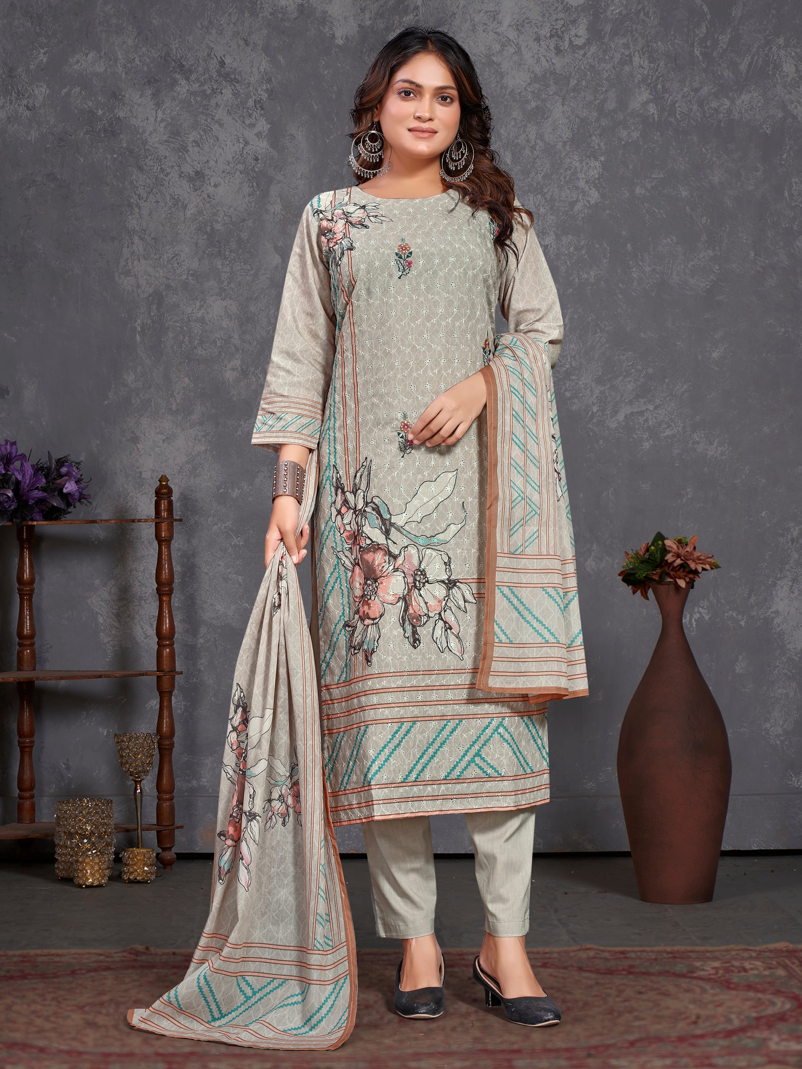 Brown Cotton Siplhi Three Pcs Suit With Pure Mal Dupatta