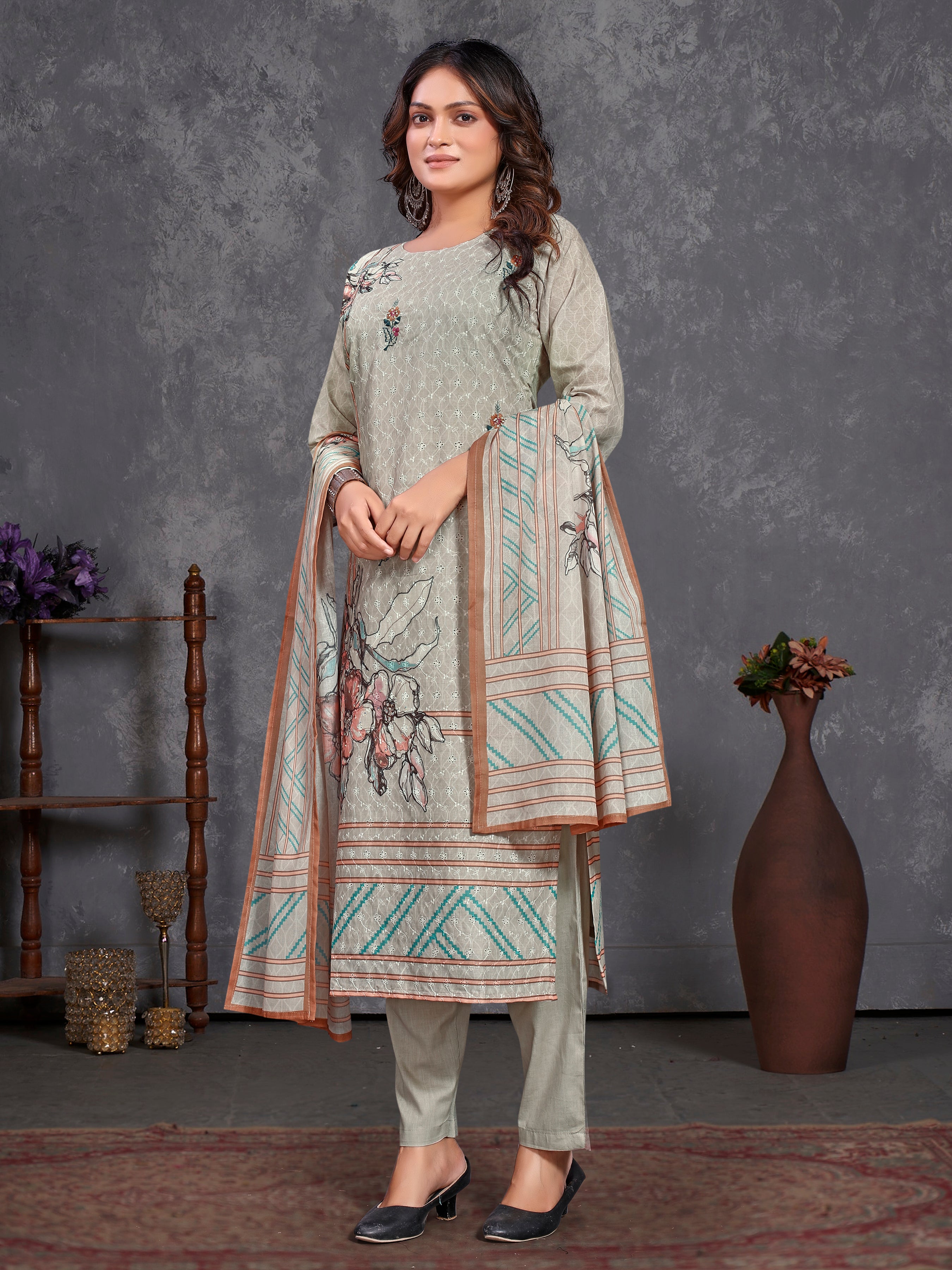 Brown Cotton Siplhi Three Pcs Suit With Pure Mal Dupatta